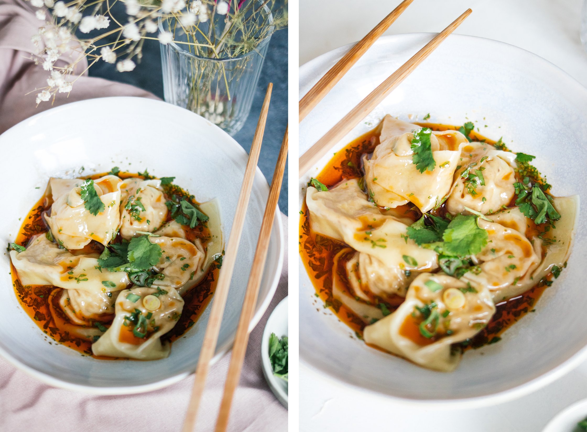 vegane chili wontons in schüsseln