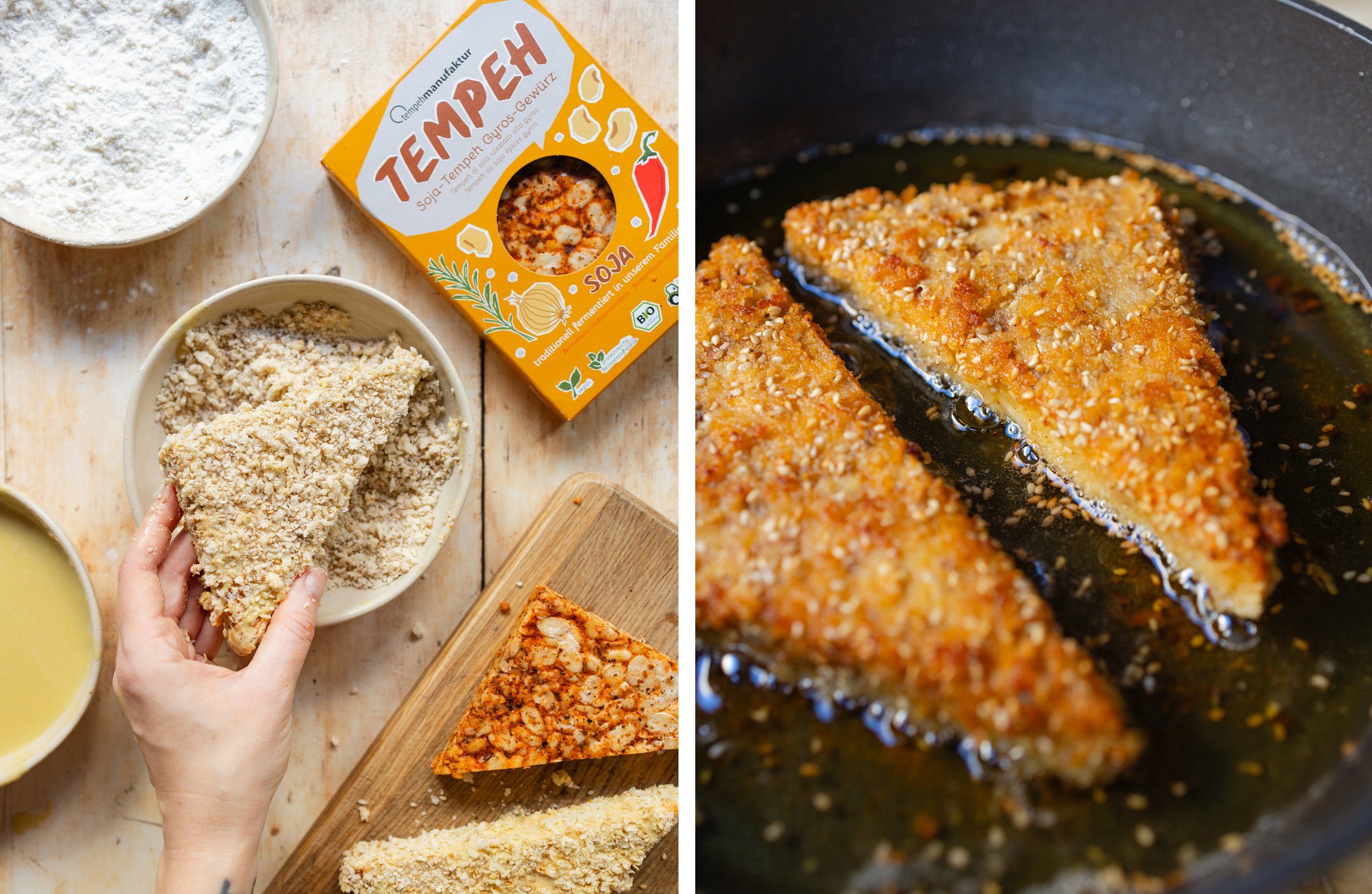 Tempehschnitzel marinieren und anbraten
