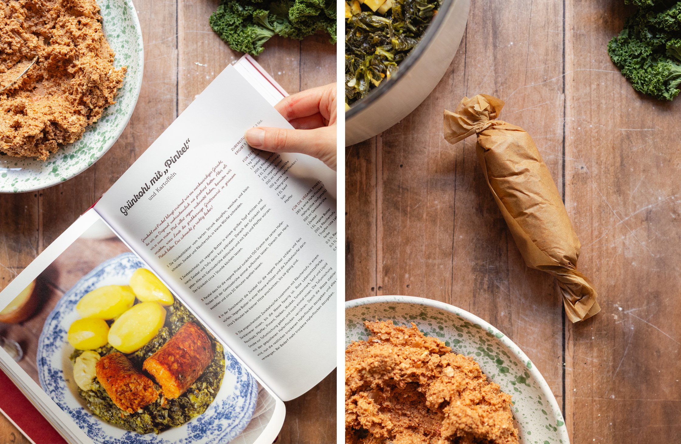 cookbook opened to the recipe page; Pinkel sausage is being shaped