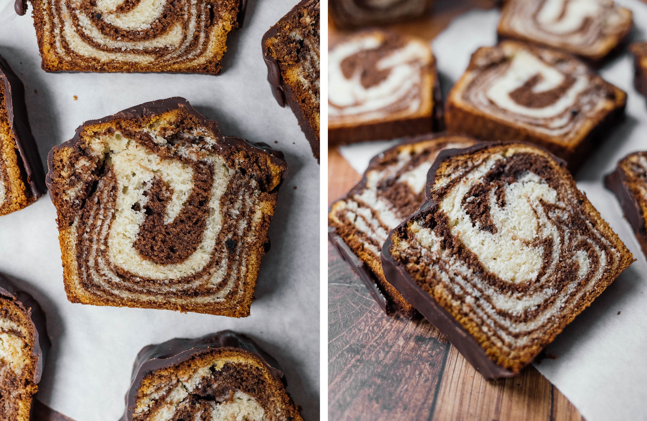 slices of vegan marble cake with chocolate glaze