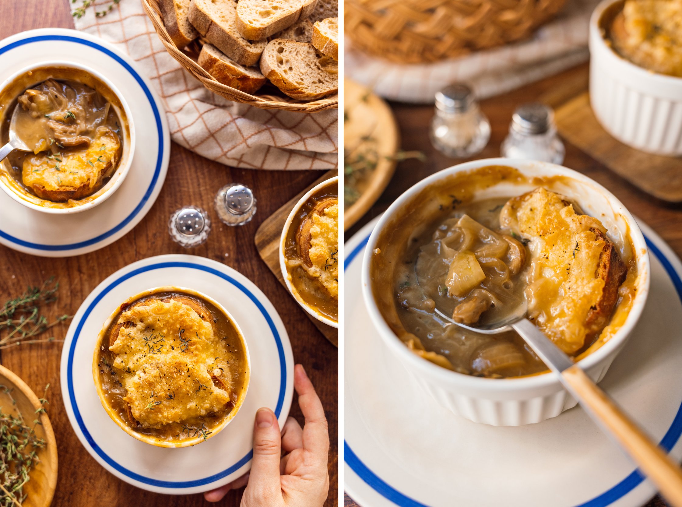 a spoon inside a ramekin of Vegan French Onion Soup with Mushrooms