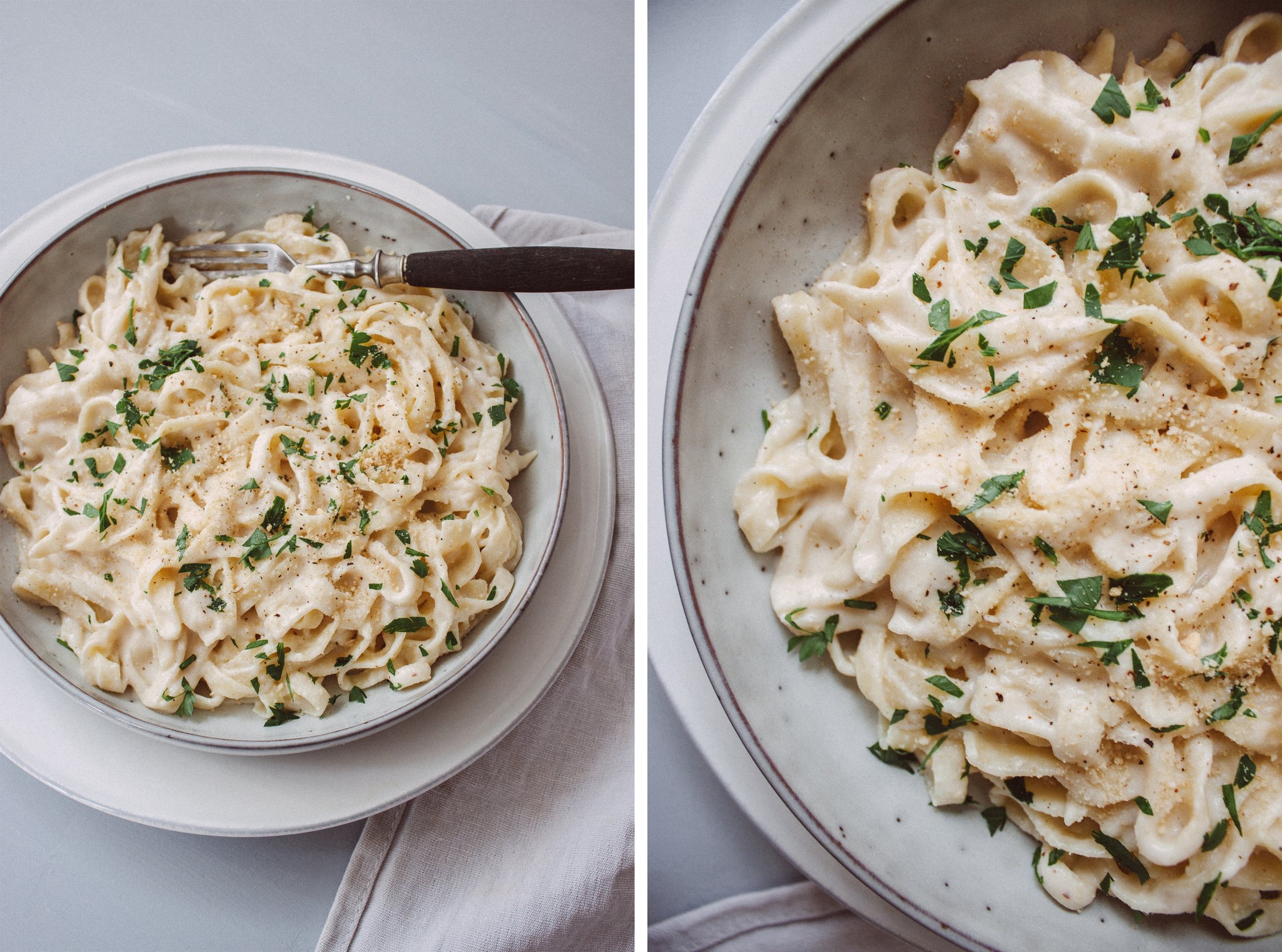 vegan fettuccine alfredo served on plates