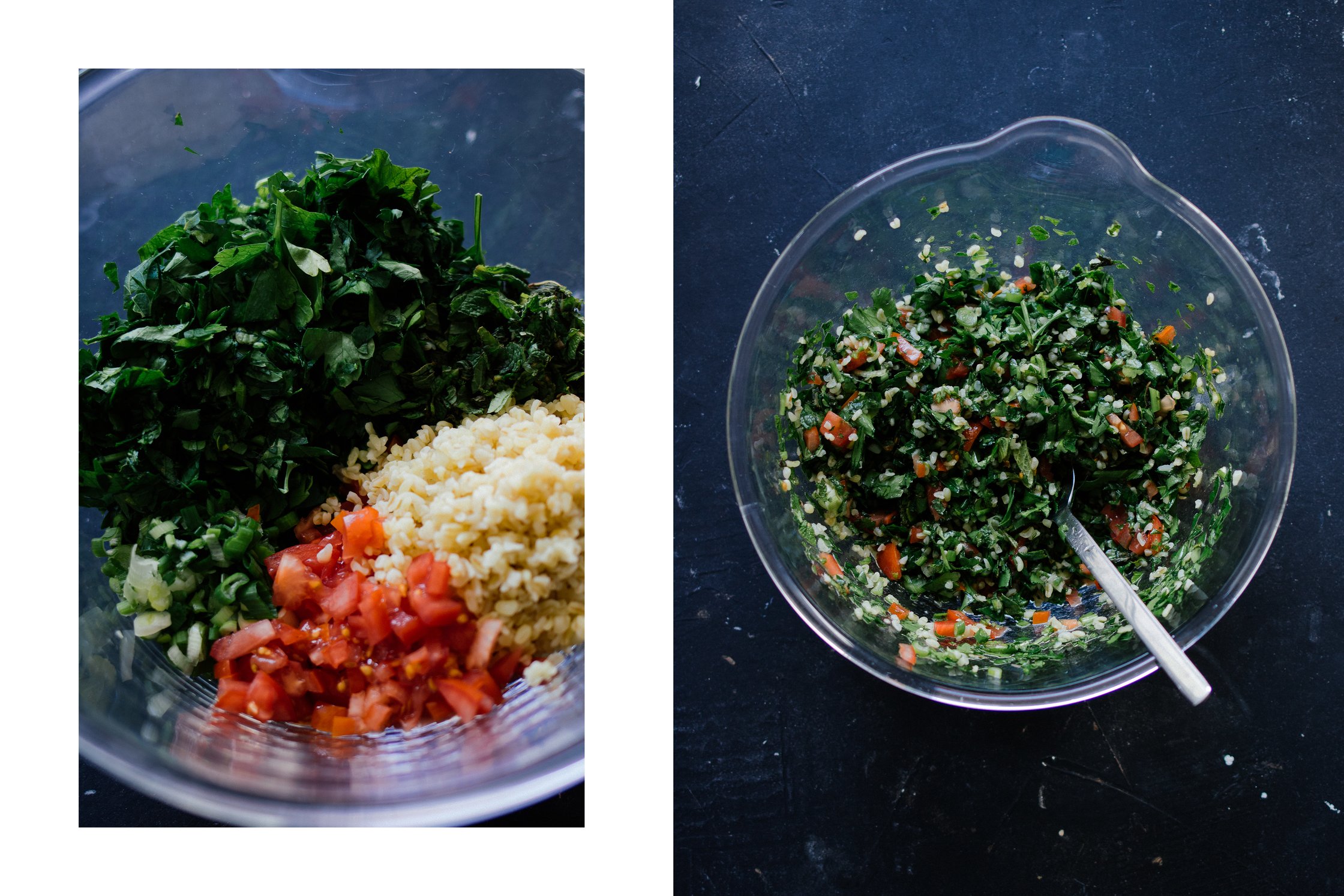 mixing tabbouleh in a glass bowl