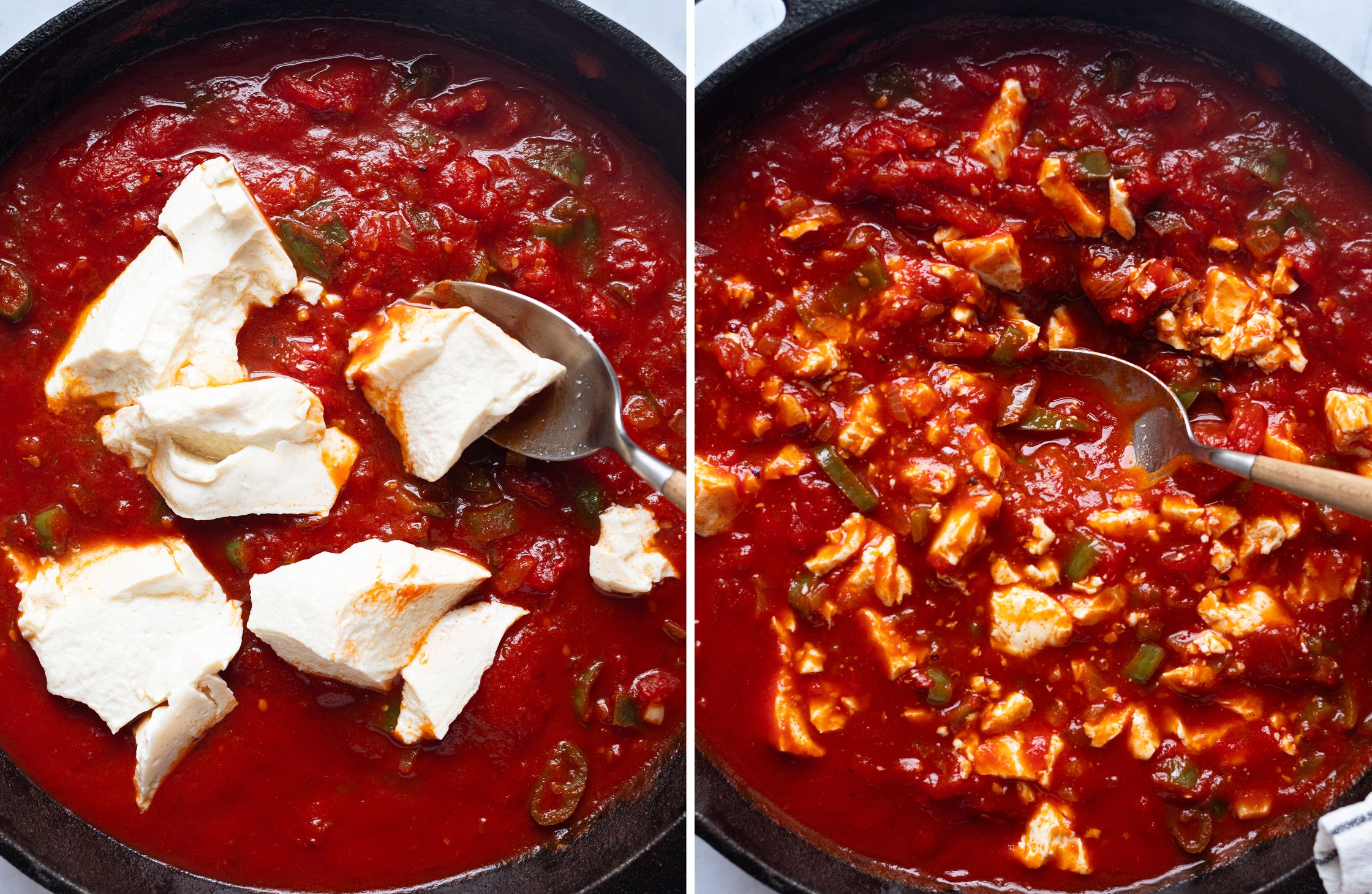 Links: Seidentofu auf Tomatensoße, rechts: verrührter Tofu in Tomatensoße.