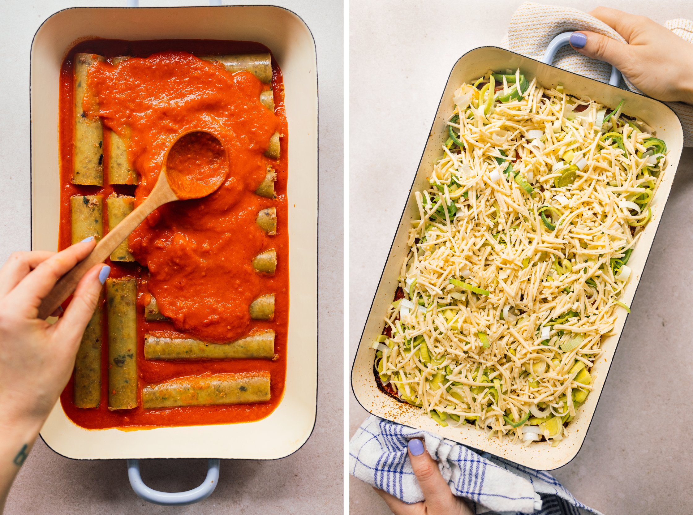 vegane cannelloni mit tomatensoße und käse-lauch topping bedecken
