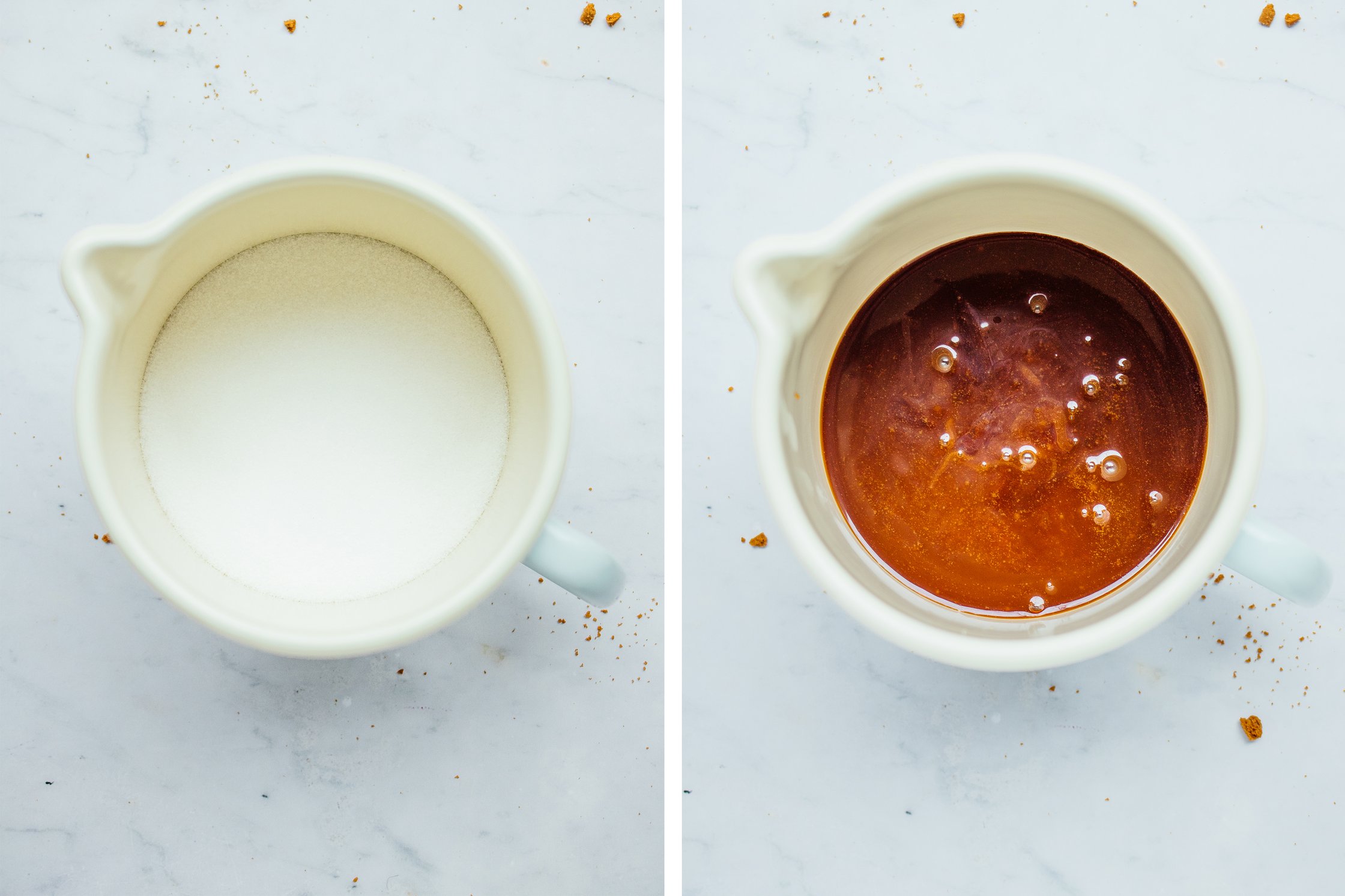 sugar in a pot bevore heating, homemade caramel sauce in a pot