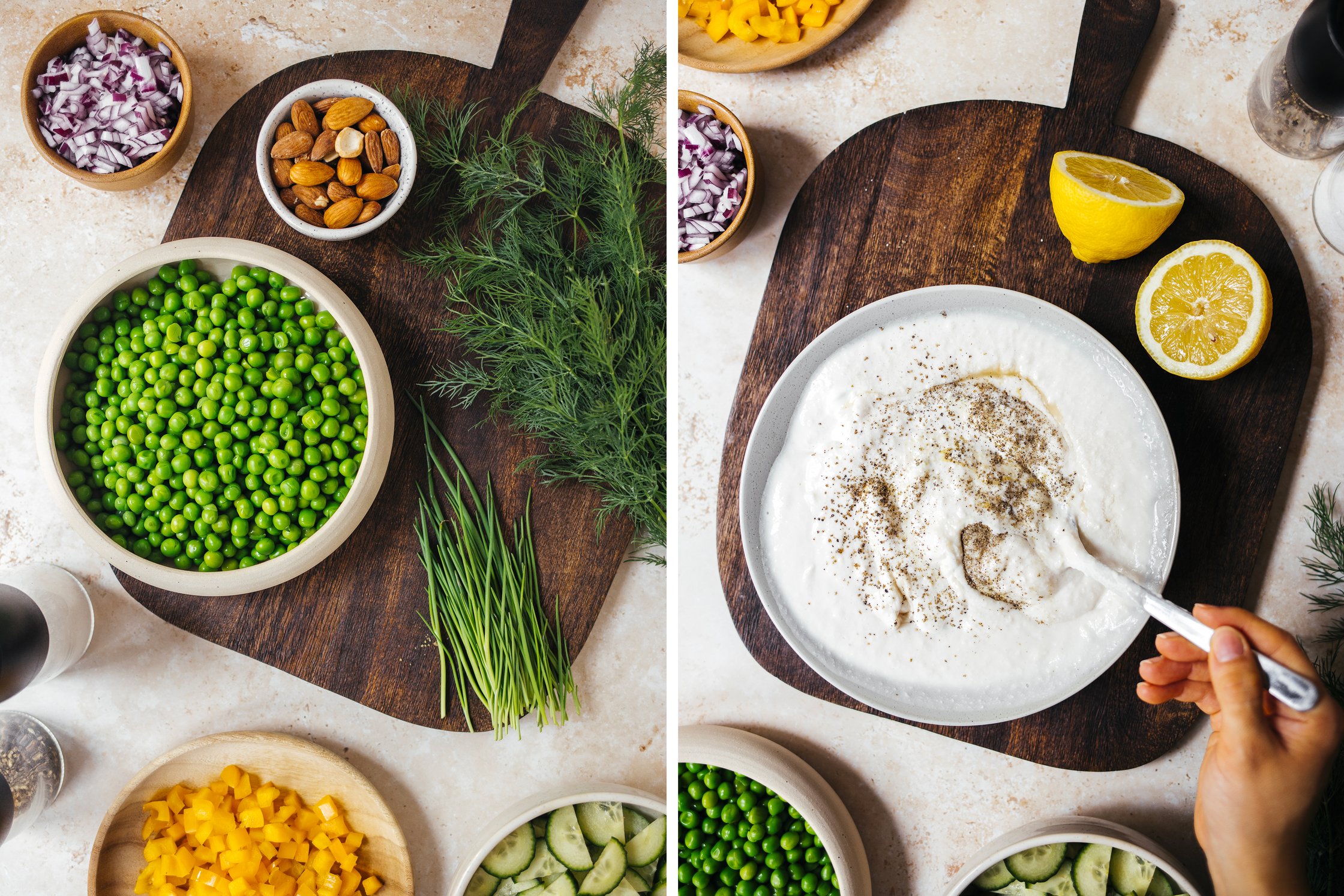 Mandeldressing für veganen Nudelsalat wird vermischt