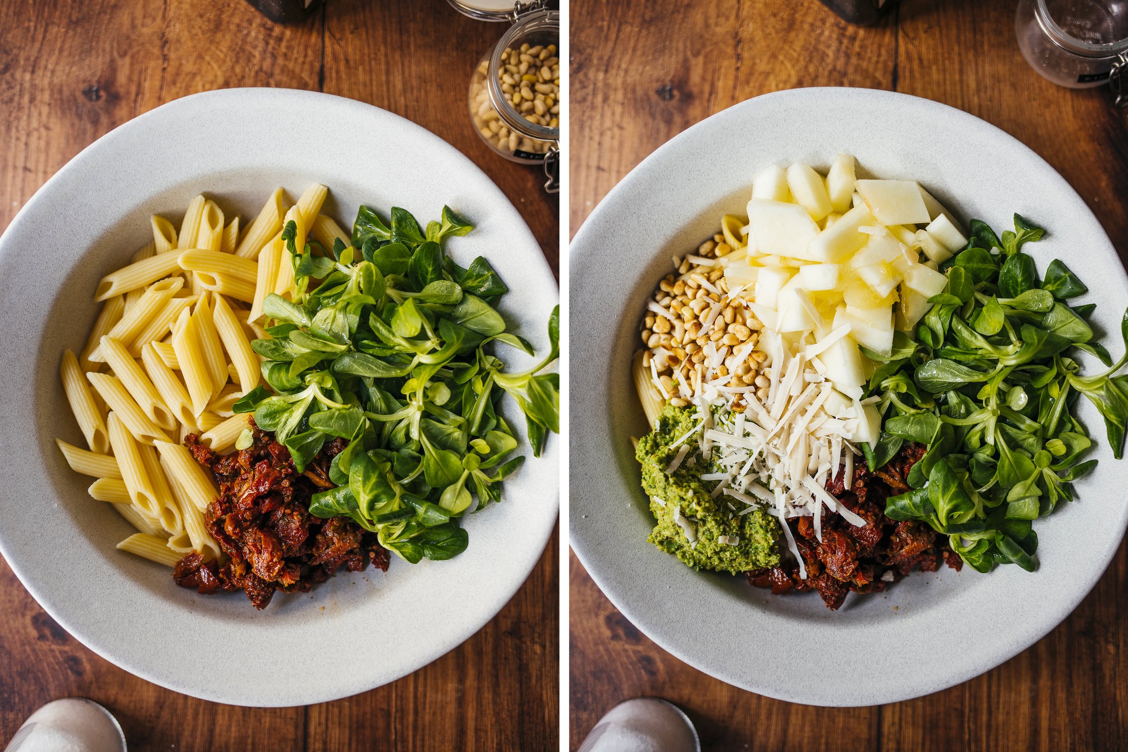 in einer Schüssel werden Nudeln mit Honigmelone, Feldsalat und Pesto vermischt