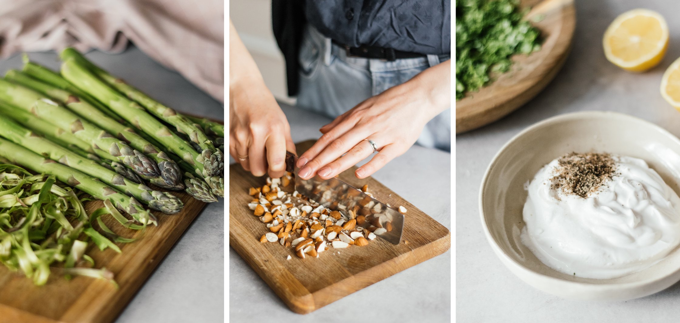 peeled green asparagus; chopping almonds; vegan cream filling