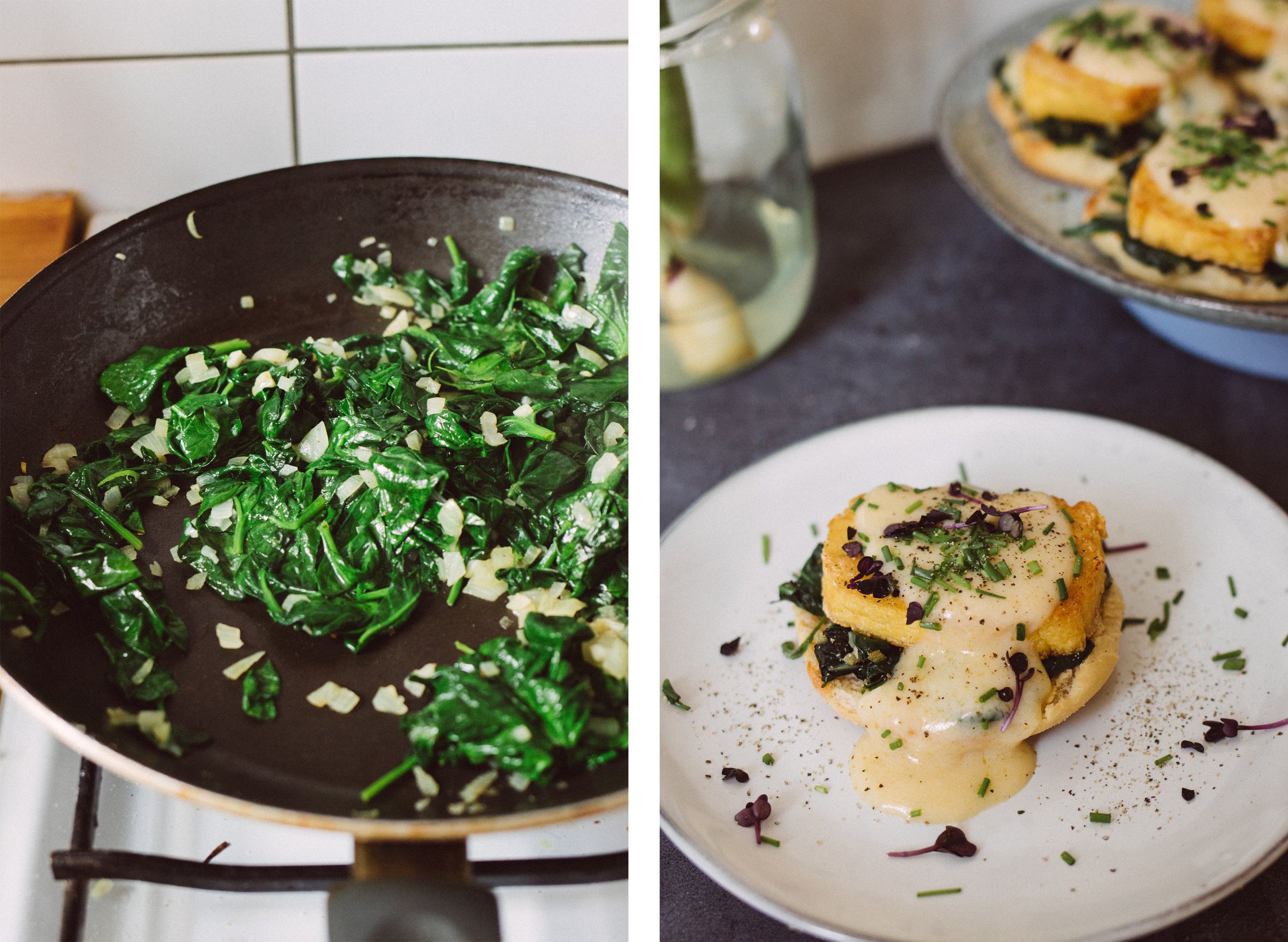 spinat in der pfanne und vegane eggs florentine