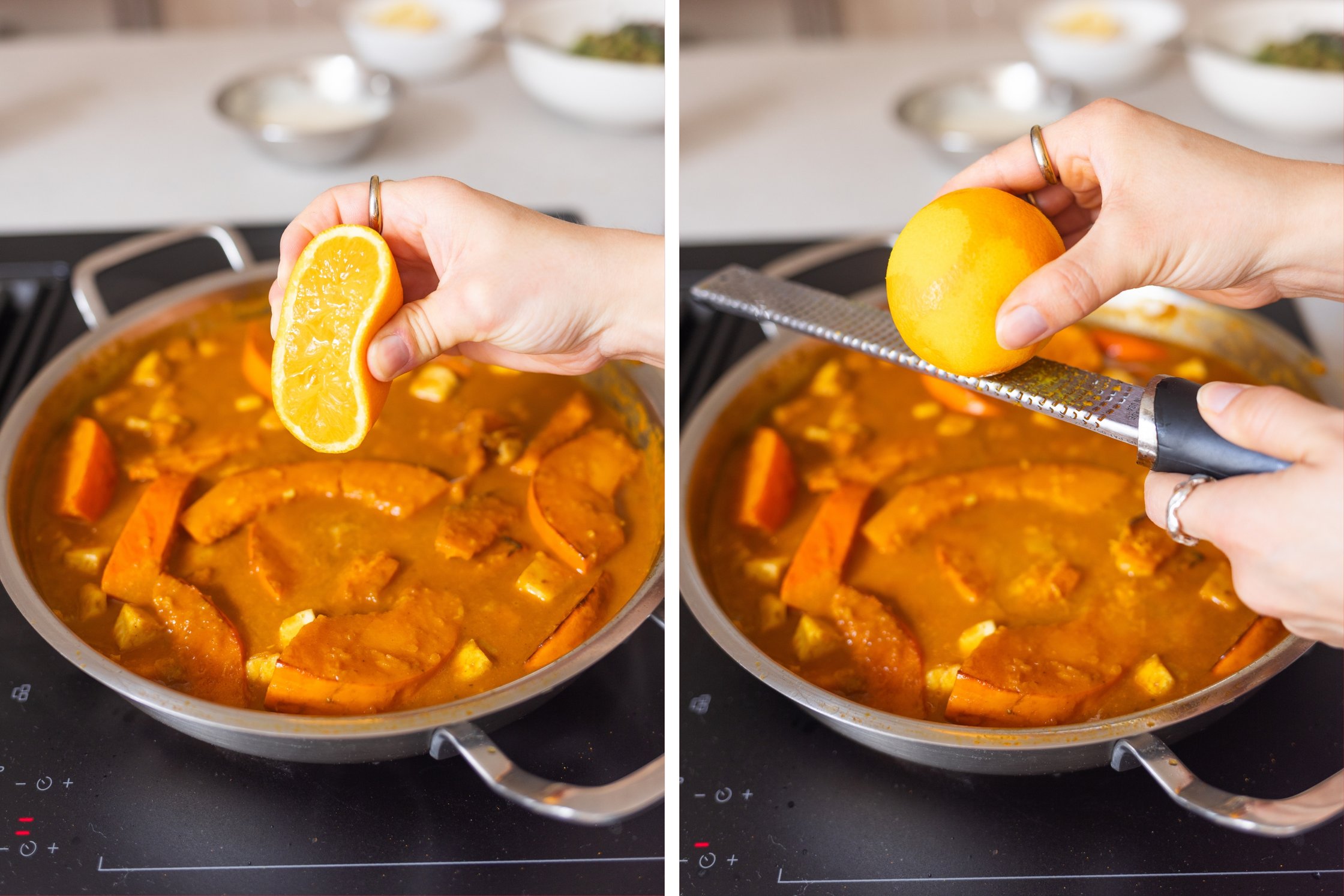 adding orange juice to the vegan pumpkin curry