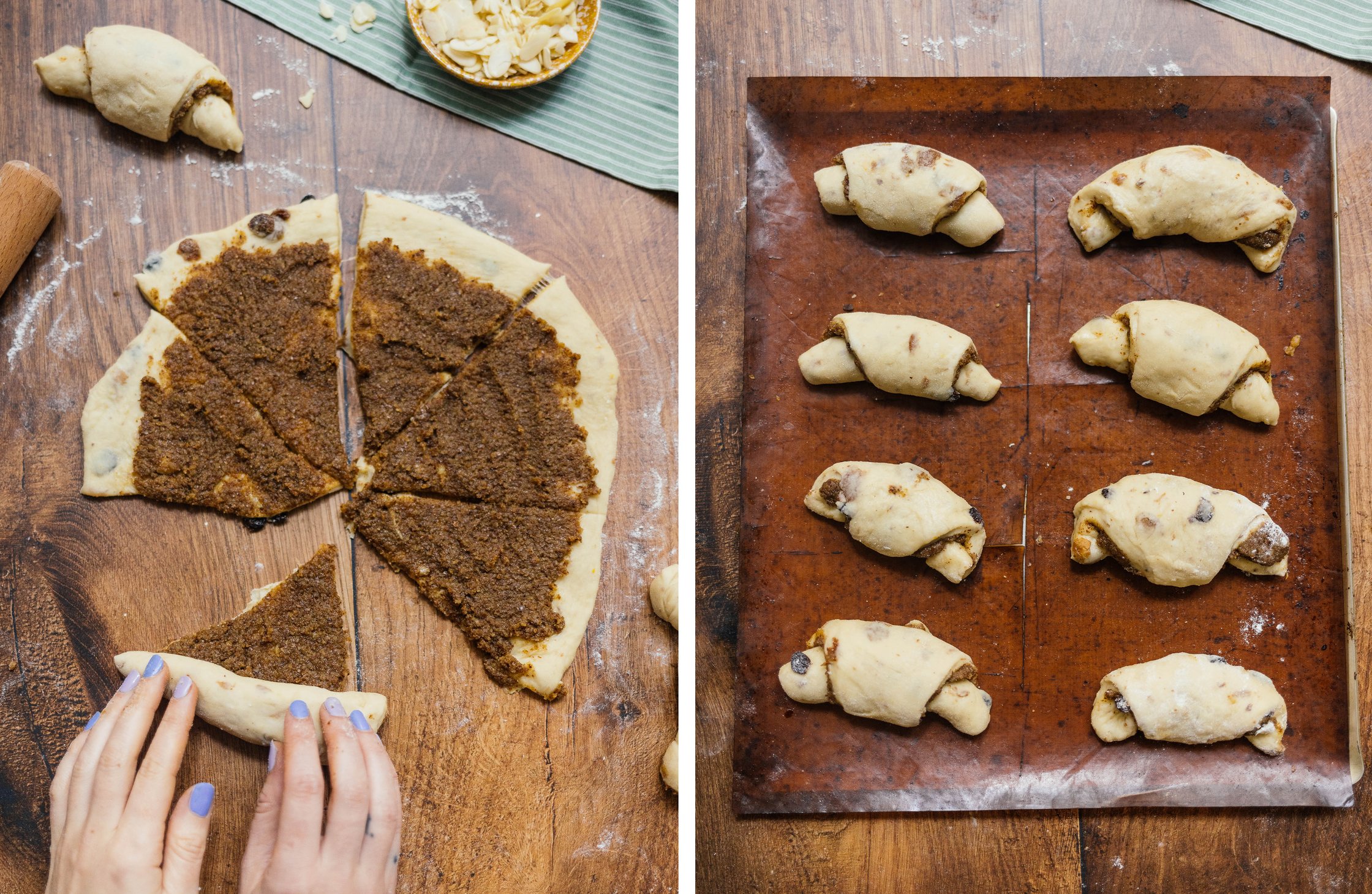 vegane Hörnchen aufrollen; vegane Hörnchen auf einem Backblech bereit zum Backen