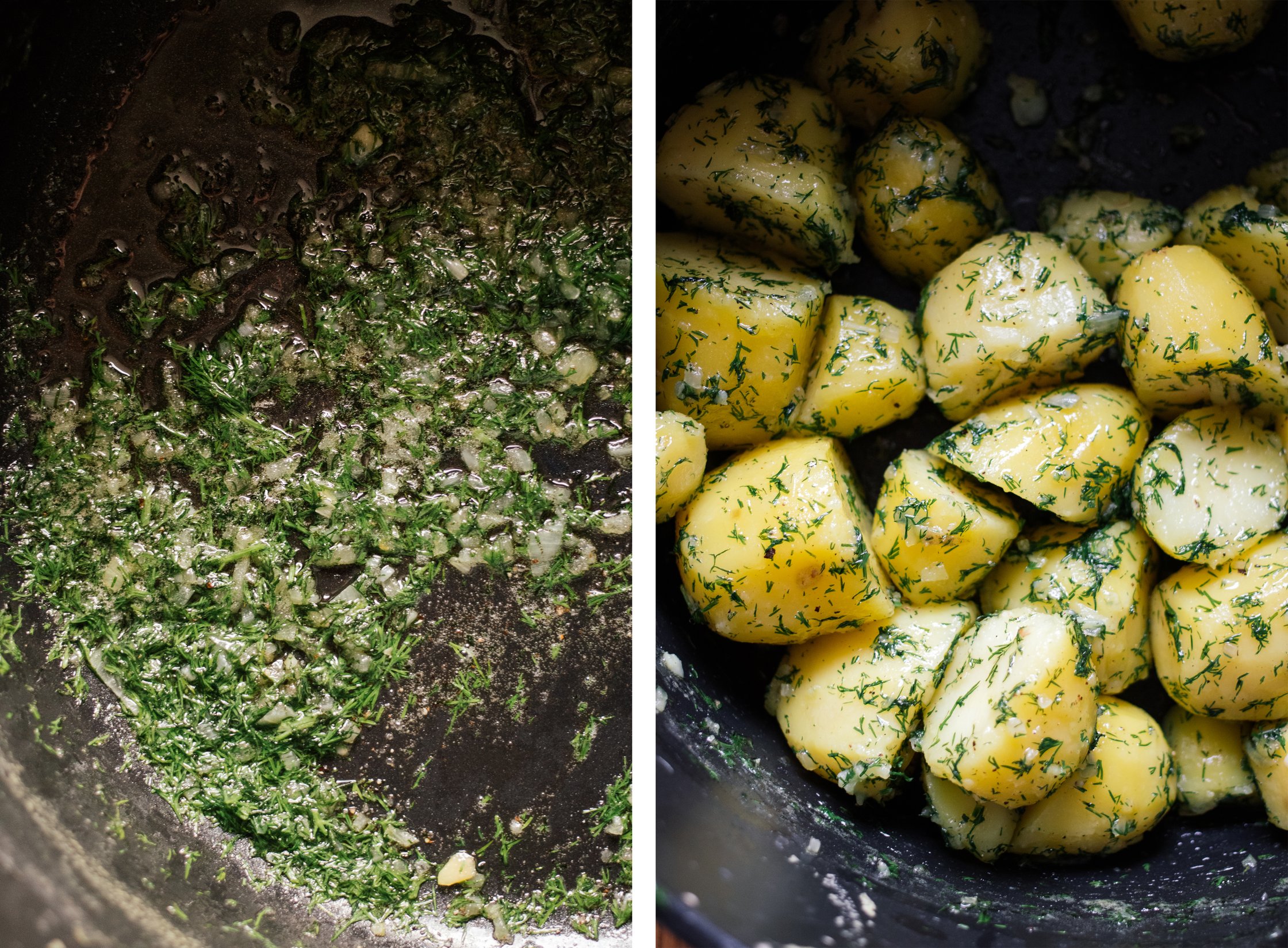 preparing dill potatoes in a pot