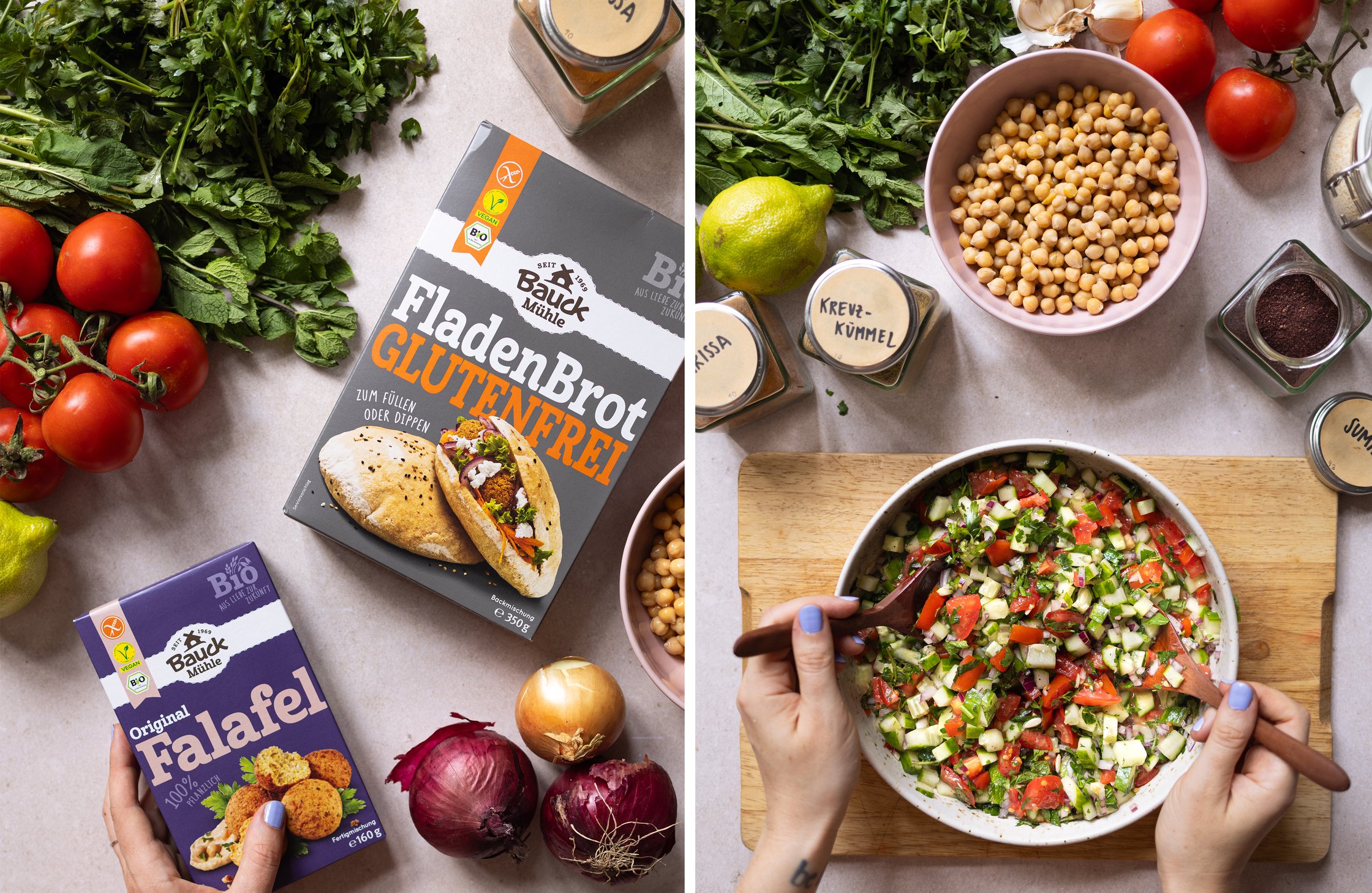 Fresh ingredients, one pack of gluten-free flatbread, and one pack of Bauck falafel. The salad is served in a bowl.
