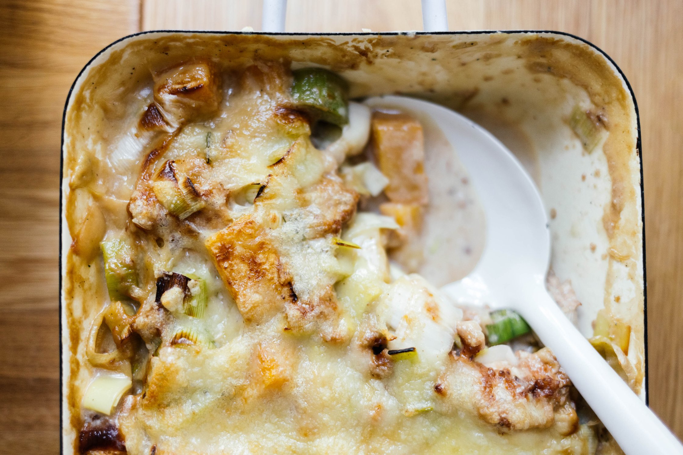 vegan cheese, mince and leek casserole with rutabaga