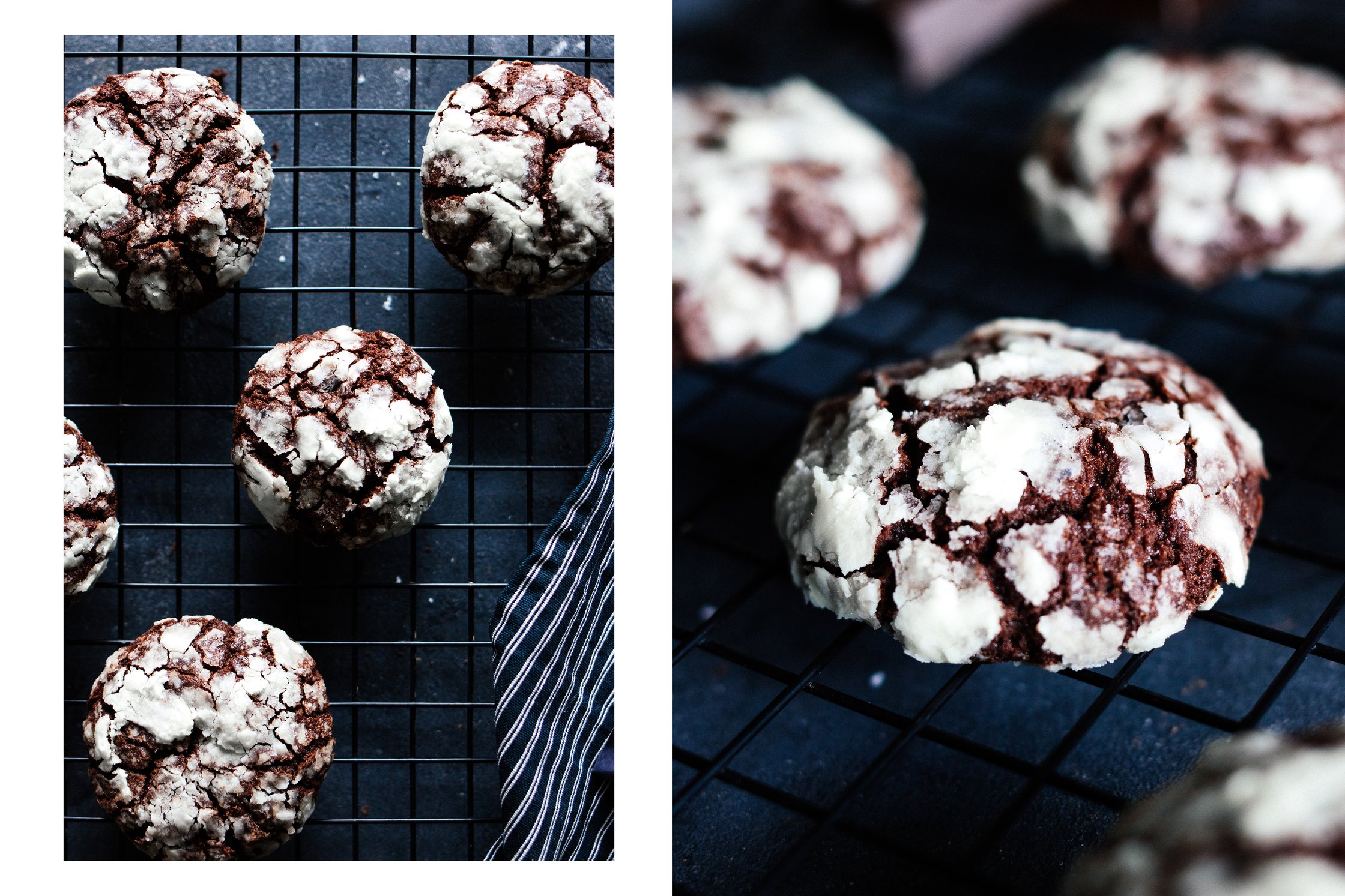 vegan chocolate crincle cookies on a cooling rack