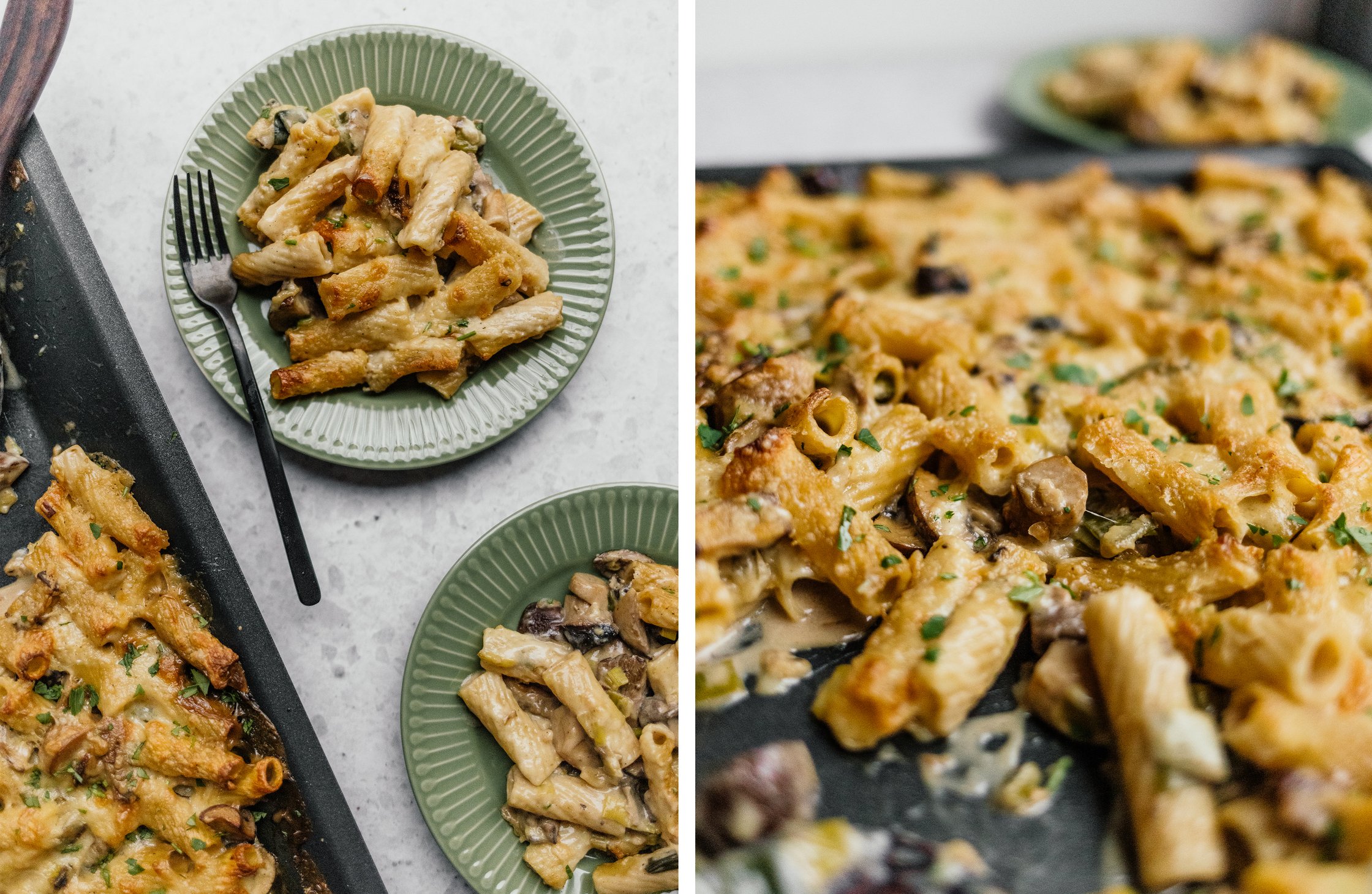 sheetpan baked pasta arranged on a plate; close up of sheetpan baked pasta