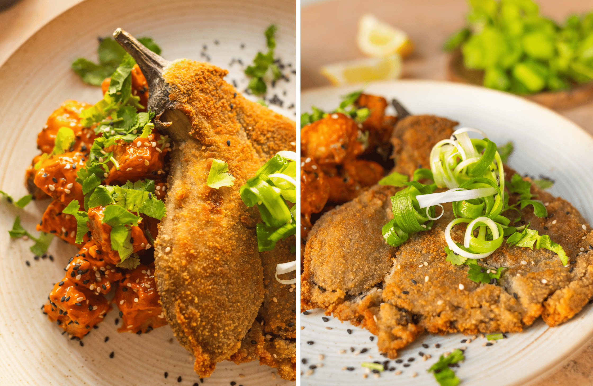 a vegan eggplant schnitzel is on a plate next to a vegan Gochujang potato salad.