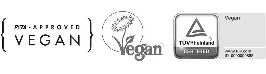 Siegel: von PETA - vegan approved, vegane Blume, TÜV-Siegel für vegane Kleidung