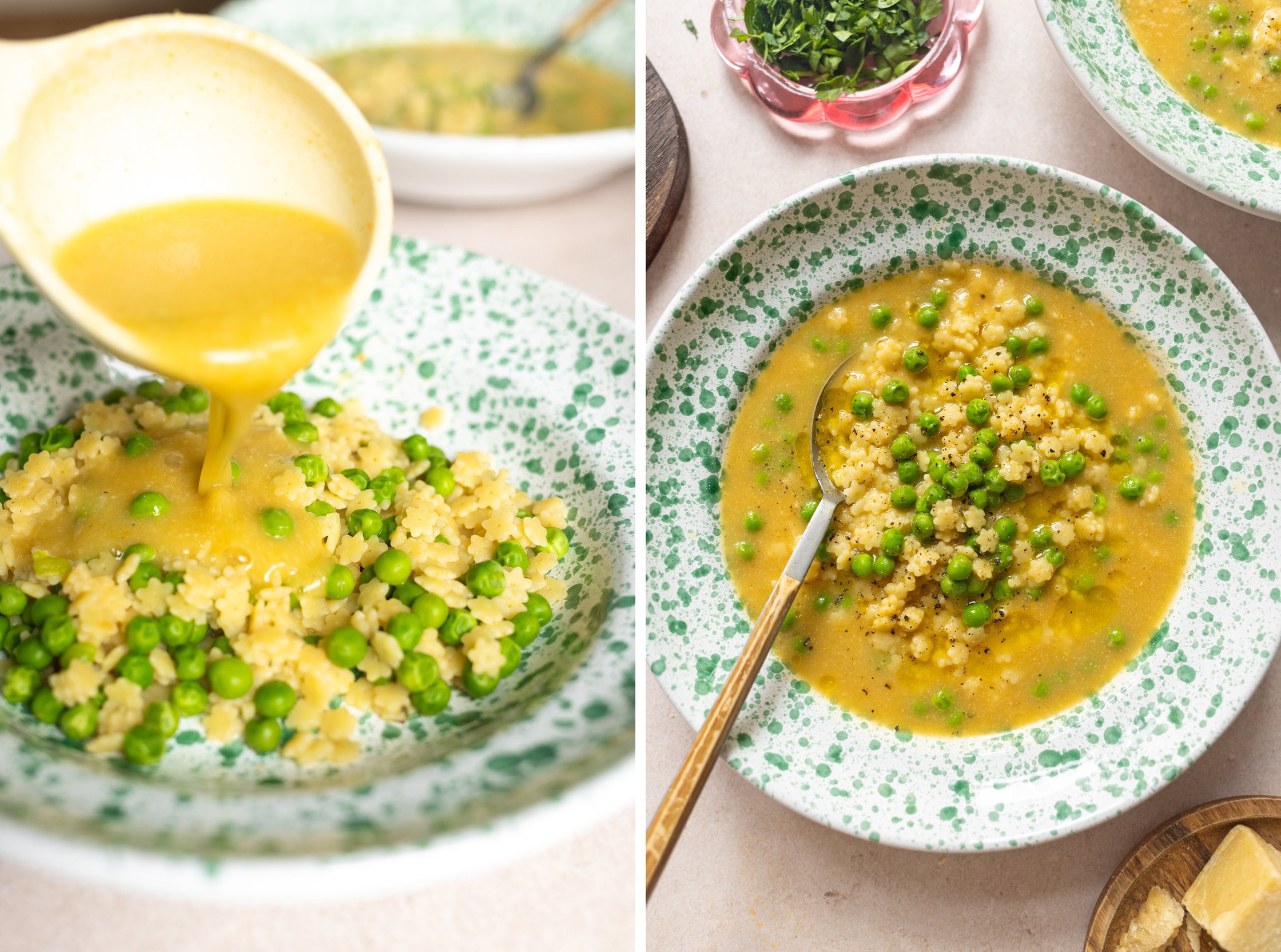 brühe wird über nudeln und erbsen gegossen für eine nudelsuppe a la pastina