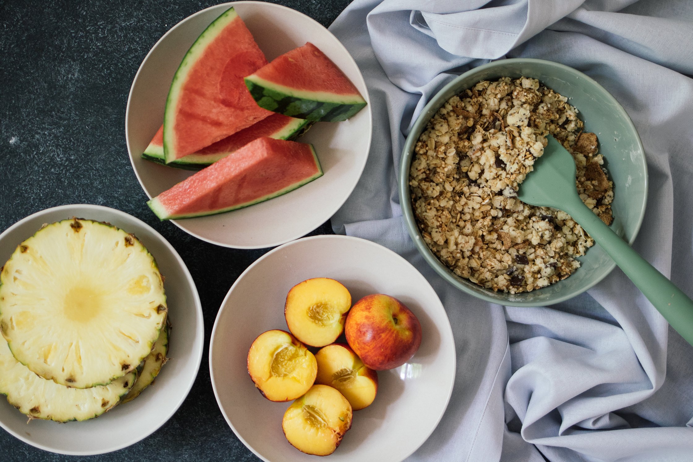 fruits and crumble in bowls