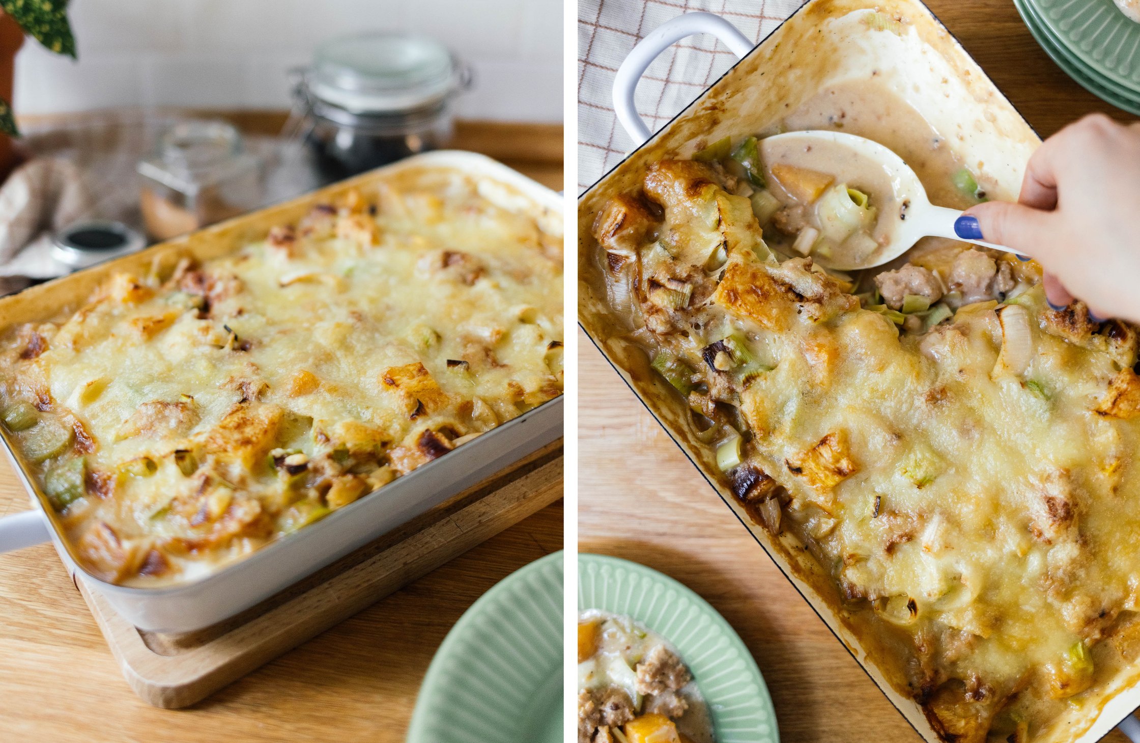 vegan cheese, mince and leek casserole with rutabaga