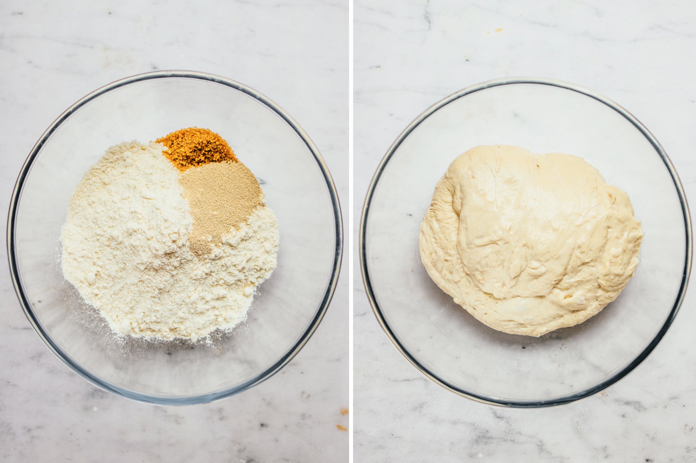 bowl with dry ingredients für vegan wild garlic focaccia dough, bowl of yeast dough