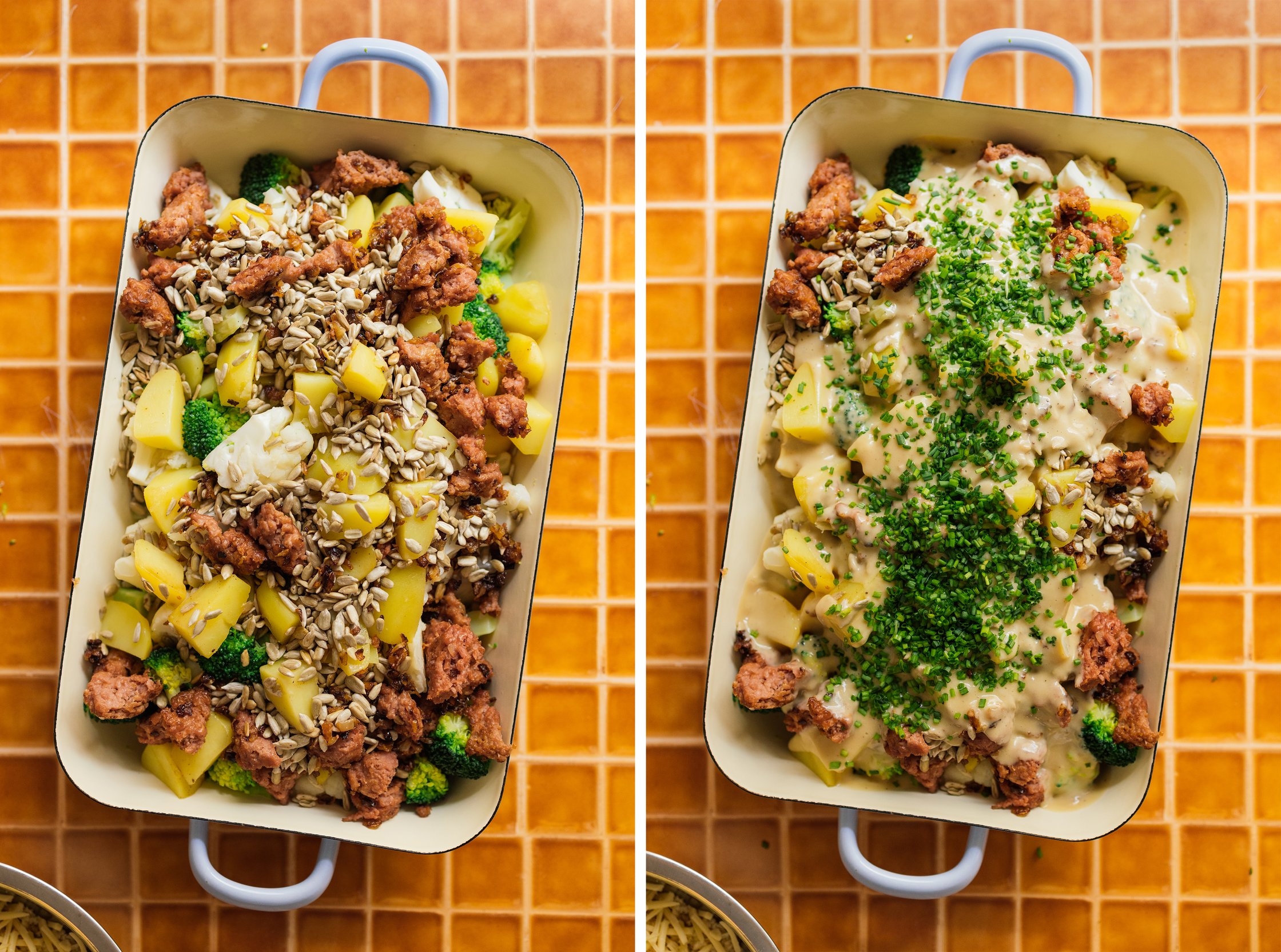 preparing Cauliflower-Broccoli Casserole with Vegan Mince within a casserole dish