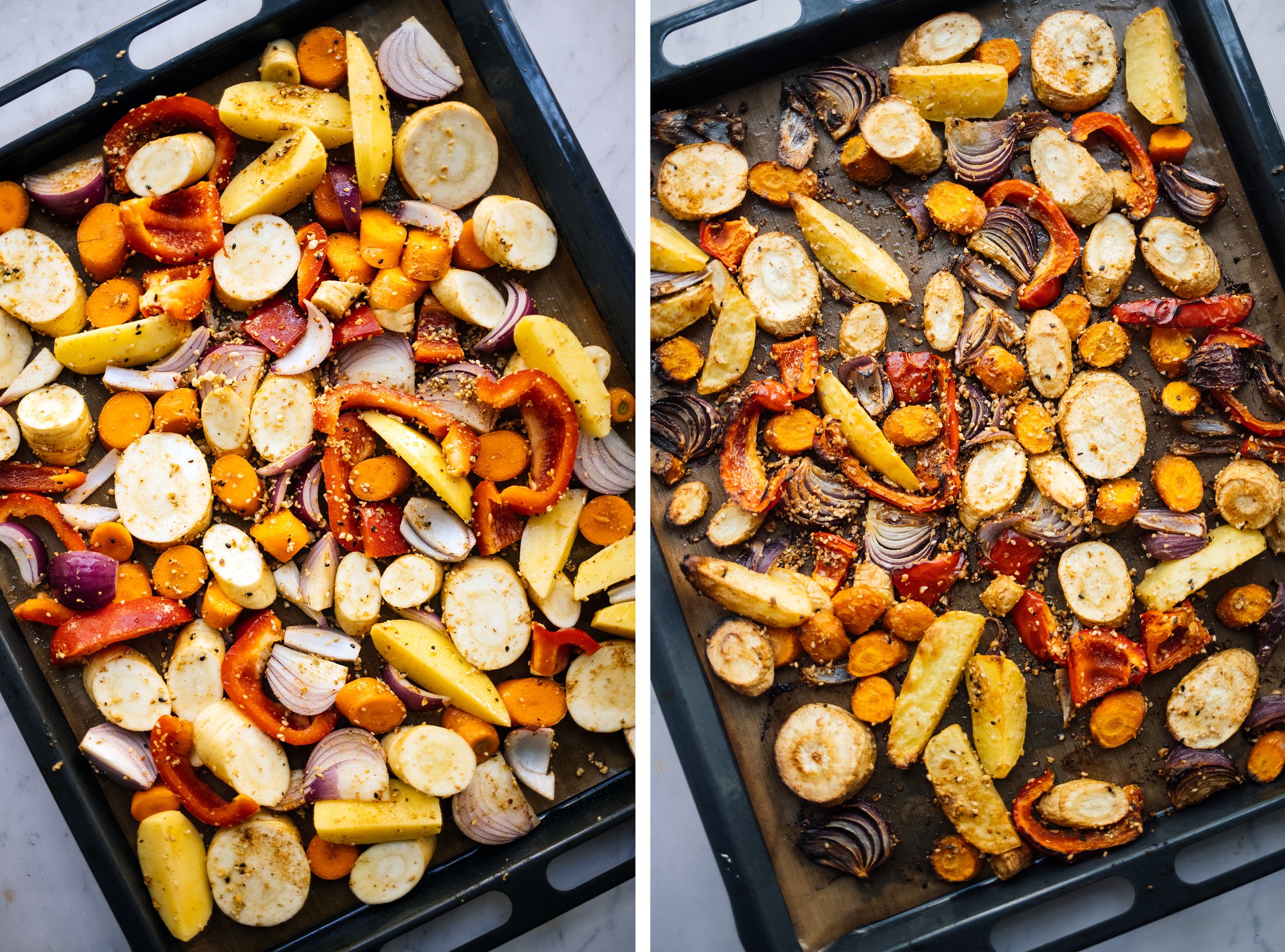 Baked Vegetables before and after baking