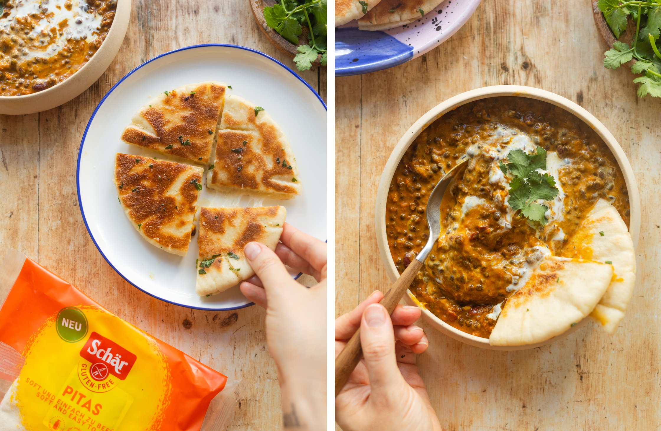 Knoblauch-Käse-Pita auf einem Teller; Dal Makhani wird aus einer Schüssel gelöffelt
