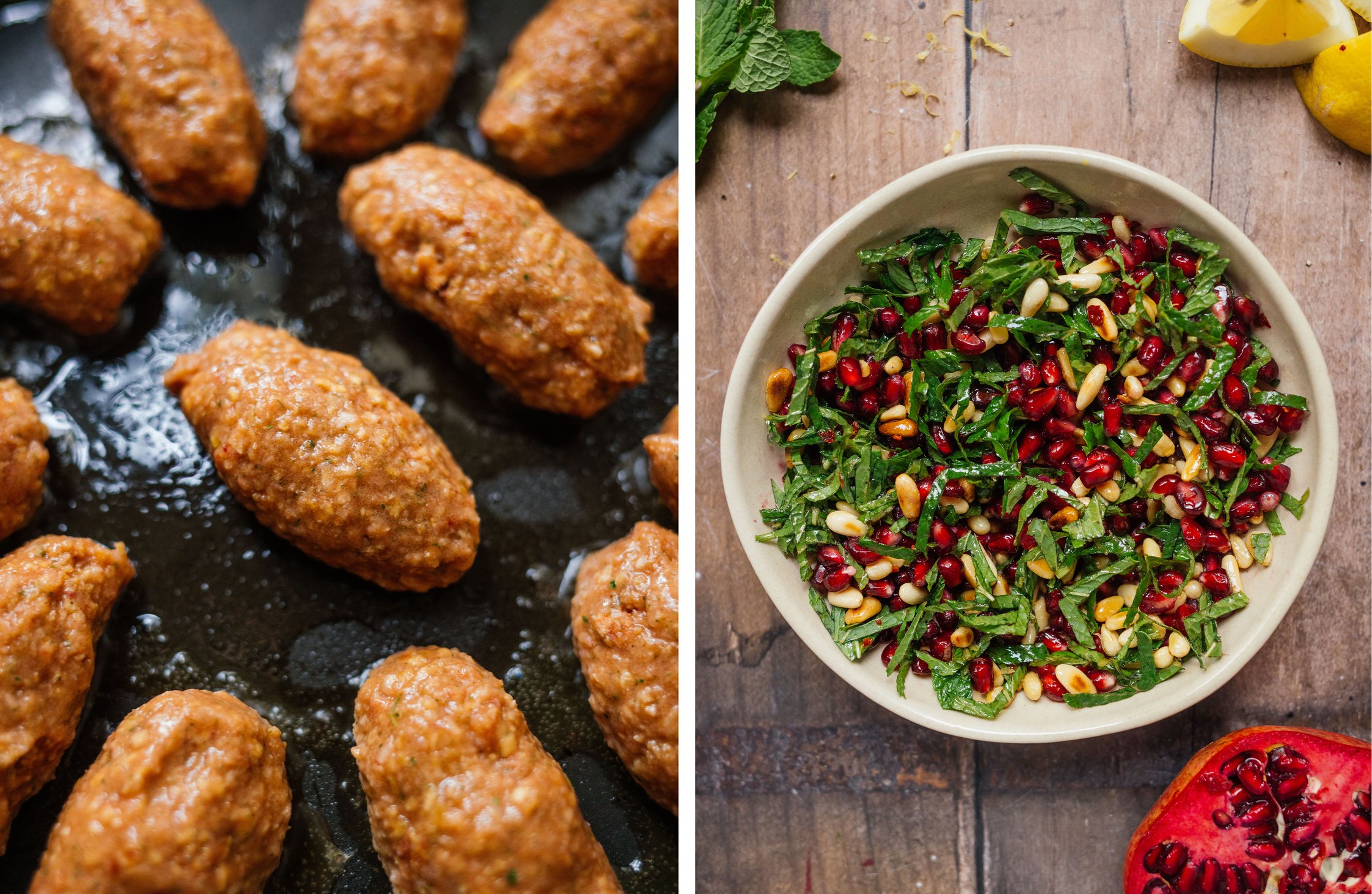 vegan kofta fried in a pan; pomegranate topping in a bowl
