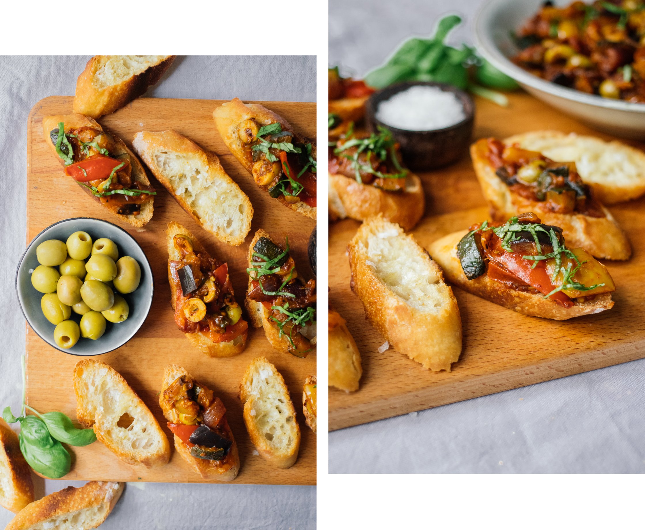 knusprige brotscheiben mit veganem ratatouille