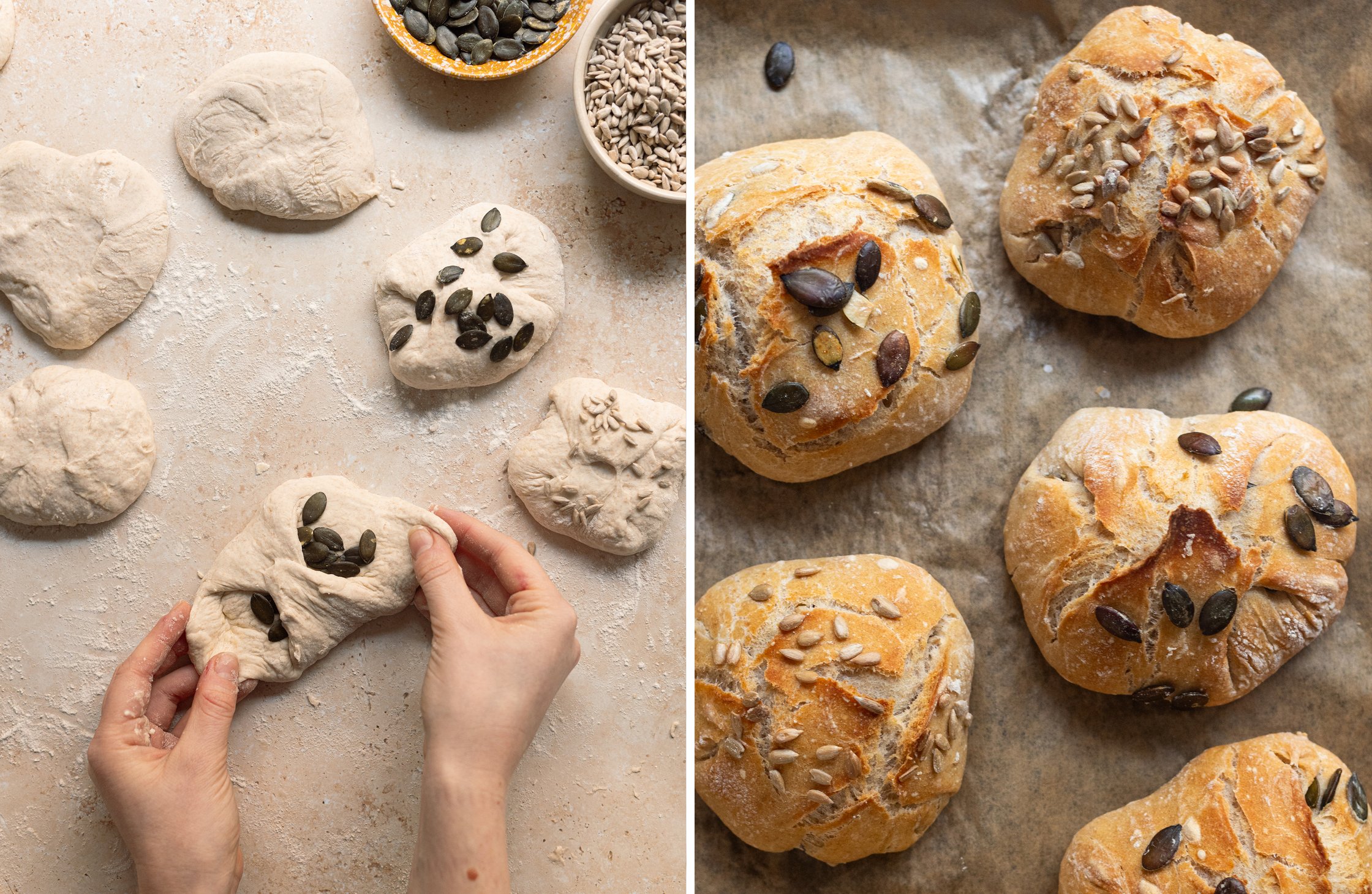 Two-part image of a hand shaping a bread roll and a baking tray with baked Sunday rolls.