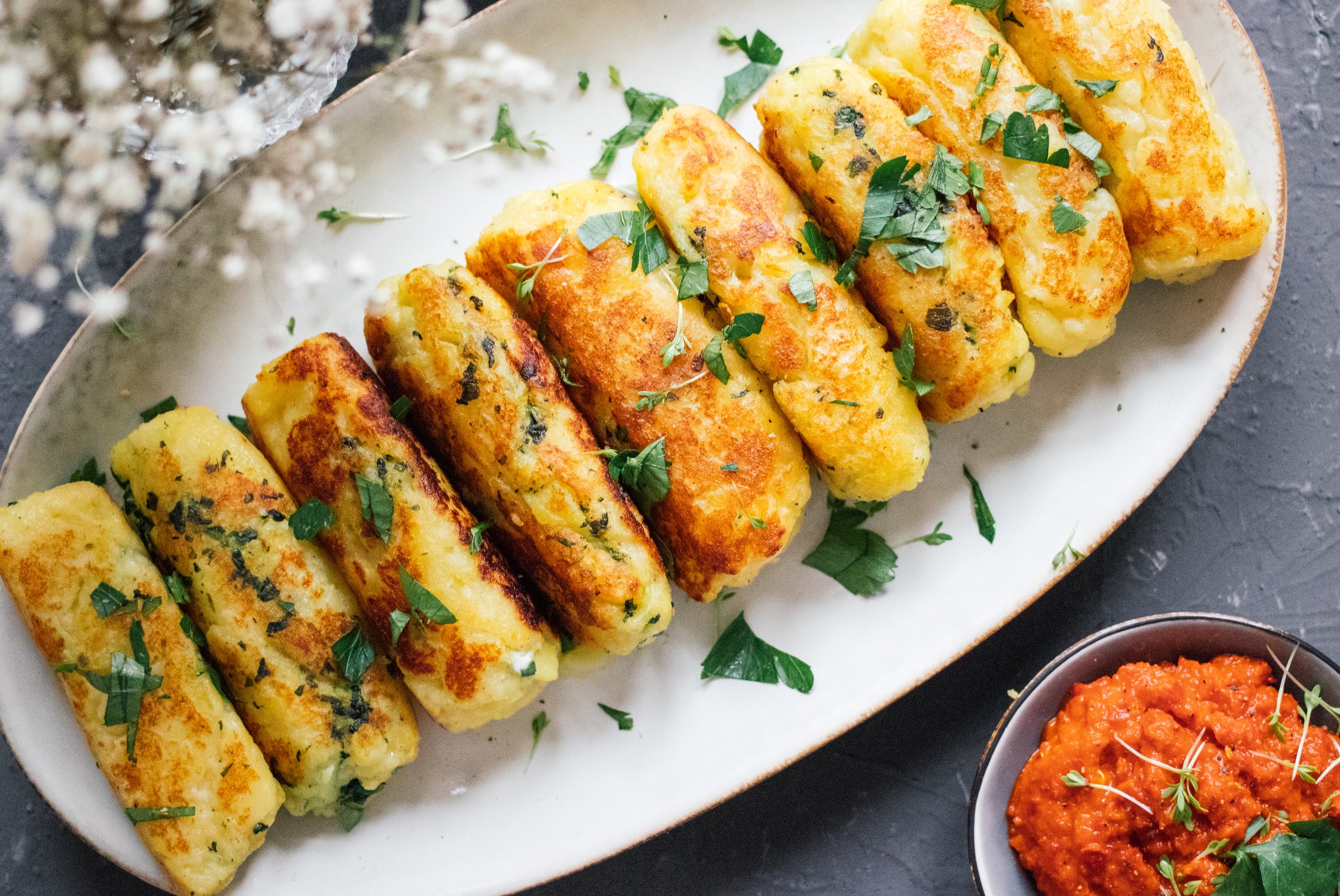 vegan potato cakes with red avjar dip