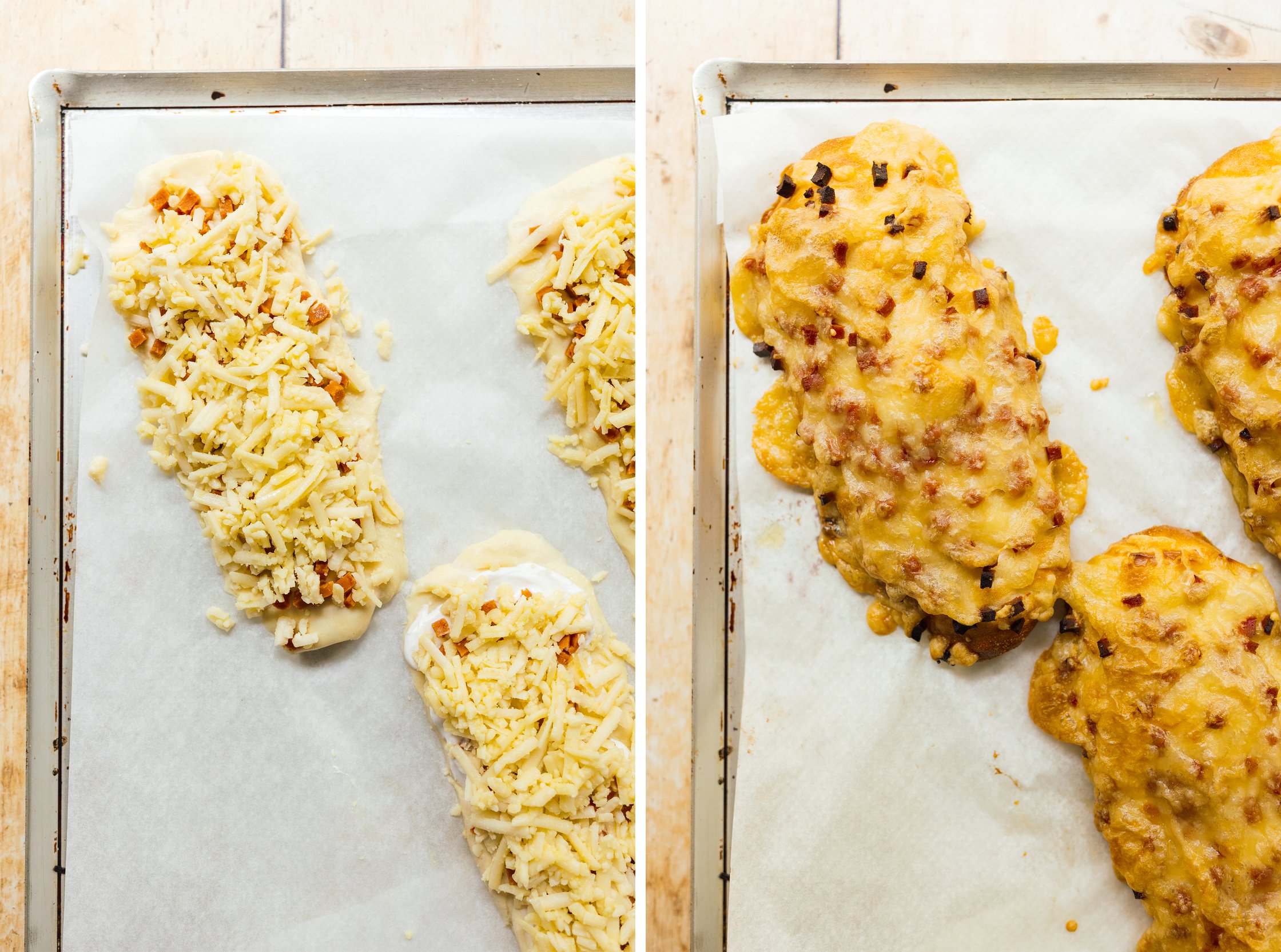 Vegan Ham and Cheese Pretzel Sticks before and after baking