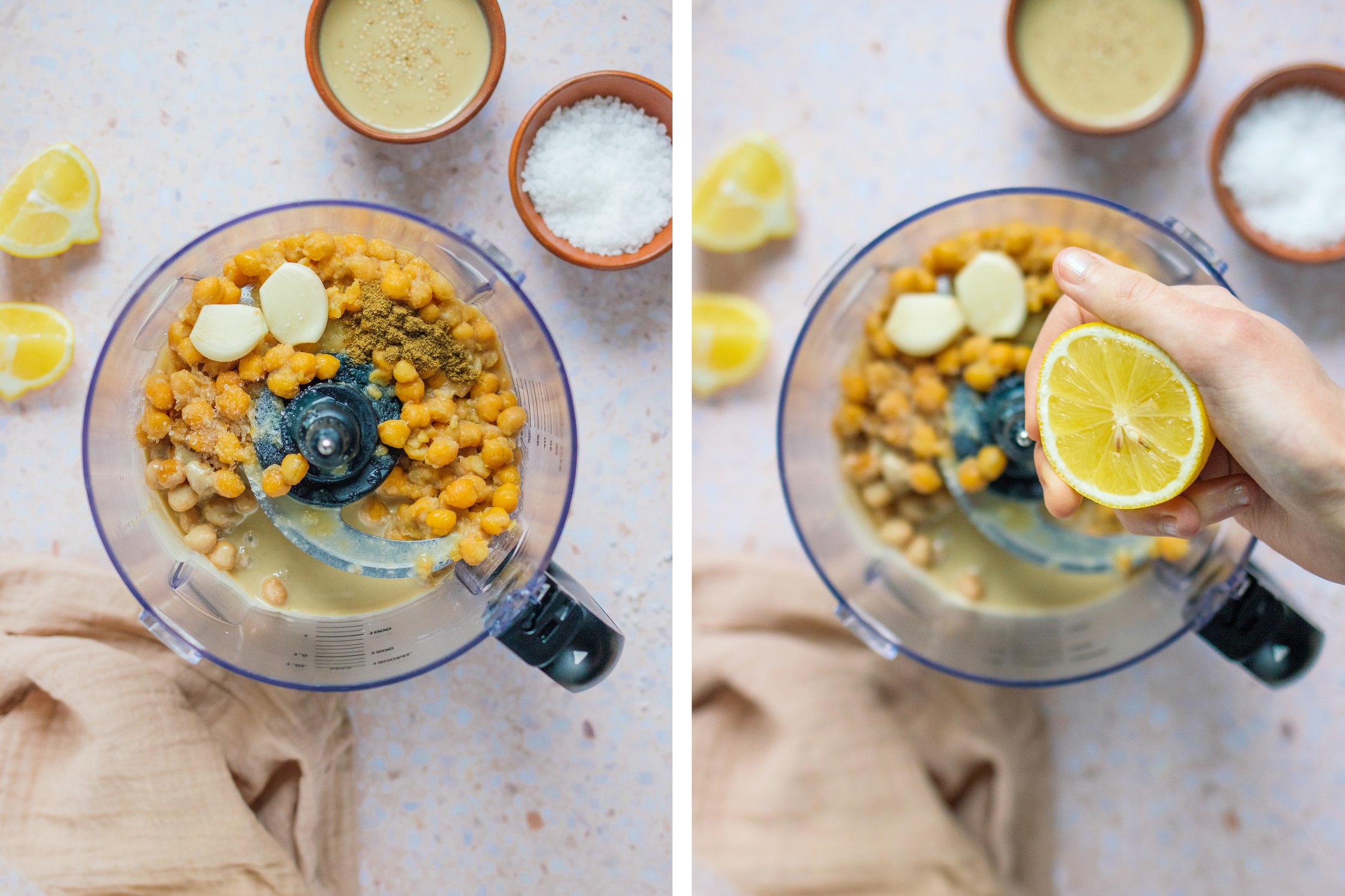 a blender with chickpeas, fresh garlic, tahini, salt and cumin, a hand squeezing fresh lemon into the blender