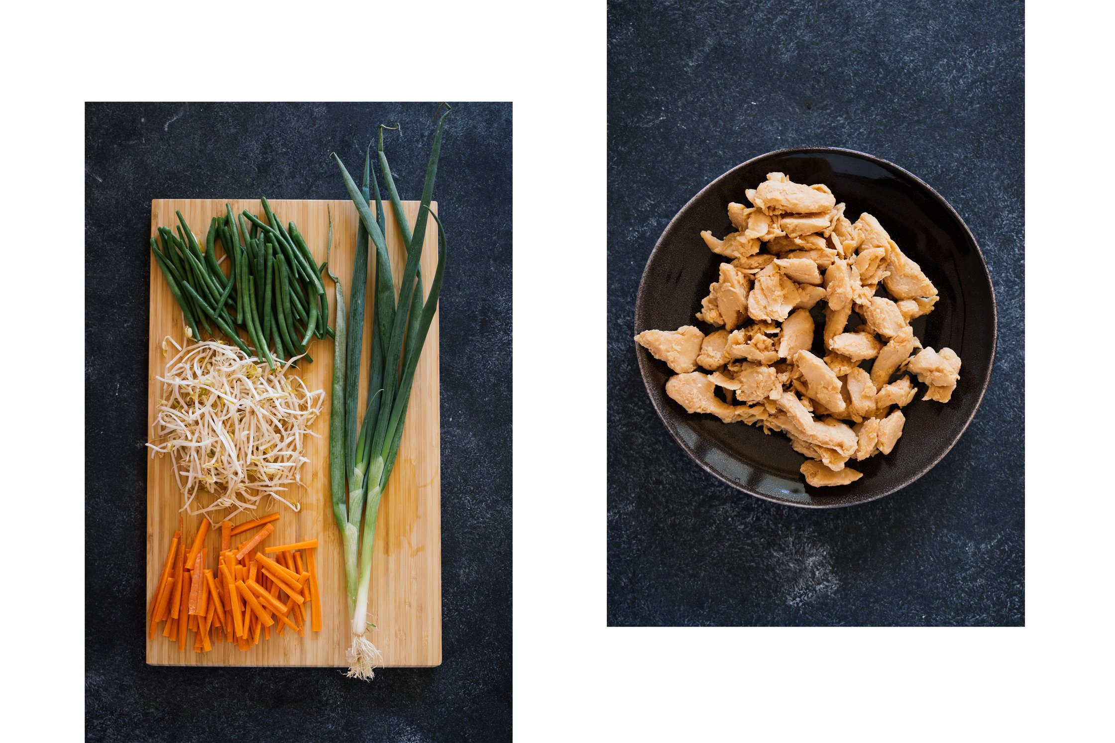 vegan chicken with green onions, carrots, sprouts and beans