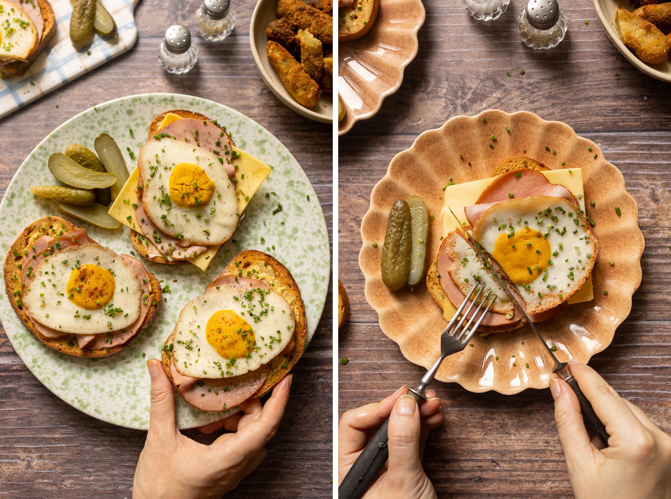 Three open-faced sandwiches (Strammer Max) are shown, along with the slicing of one of them.