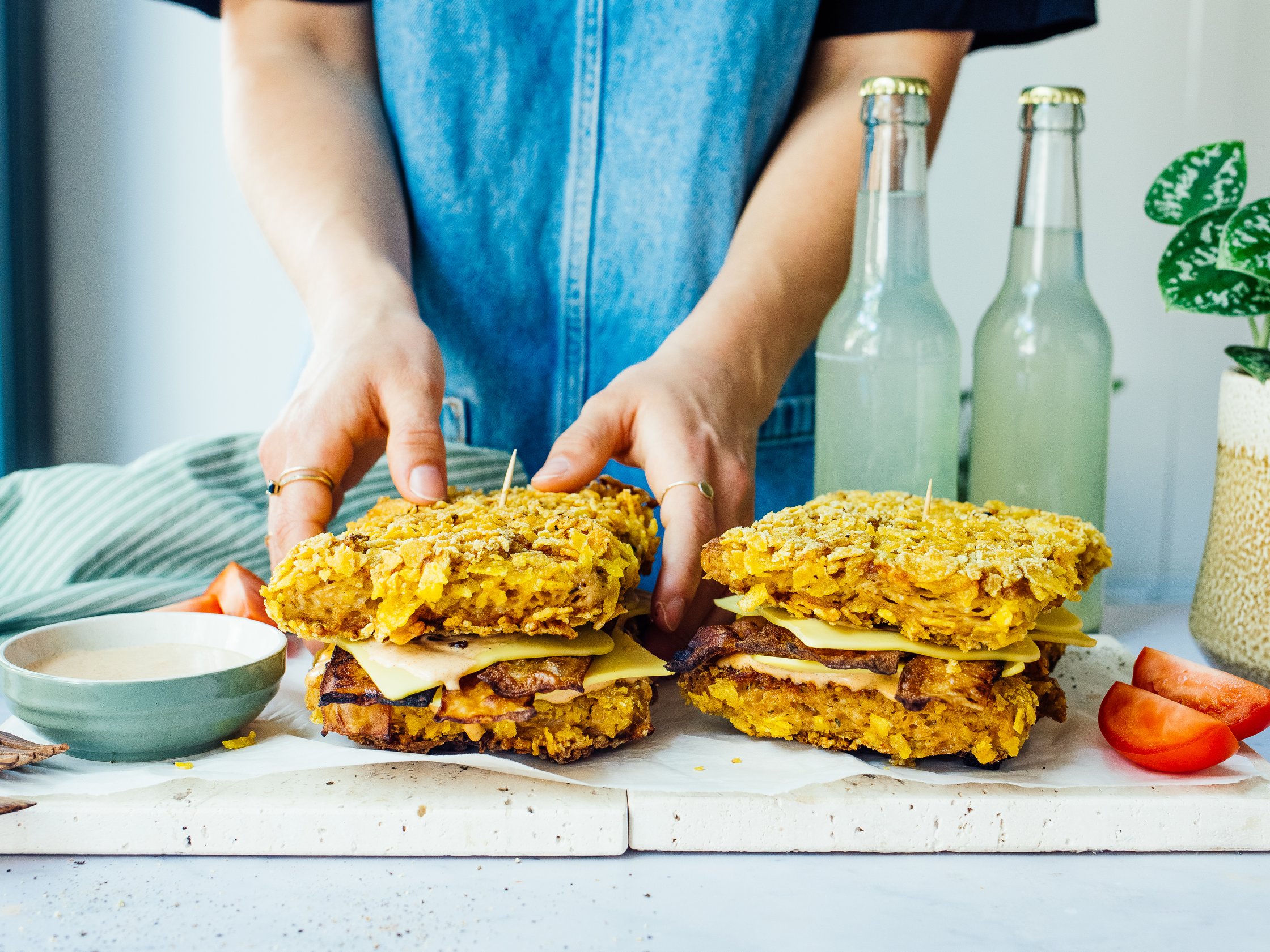 two vegan double down sandwiches