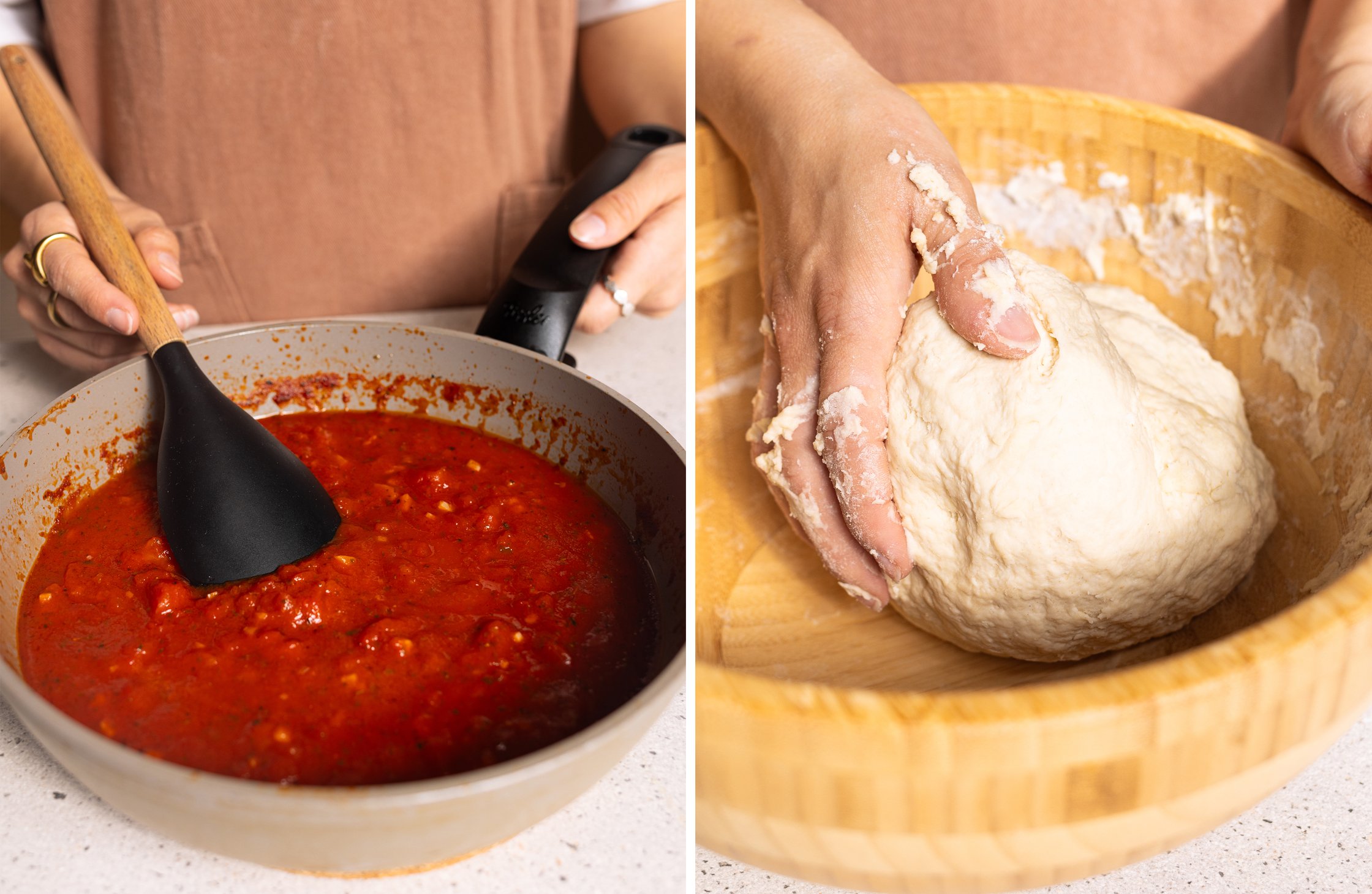 Zweigeteiltes Bild - Links: Tomatensoße in einer Pfanne. Rechts: Pizzateig wird mit Händen geknetet.