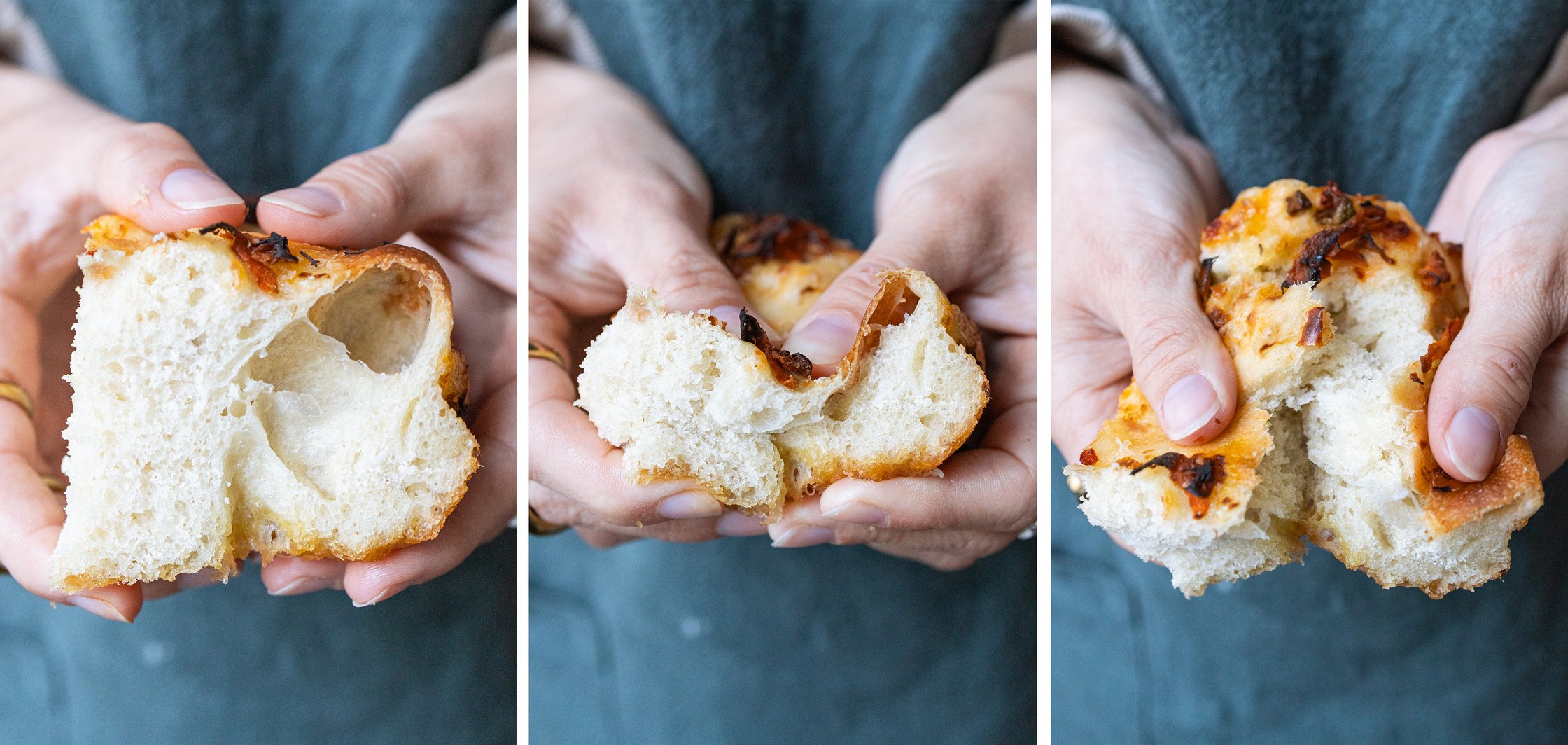 Dreigeteiltes Bild mit einem Stück Kimchi Focaccia, das erst normal in die Kamera gehalten wird, dann runtergedrückt, dann ze