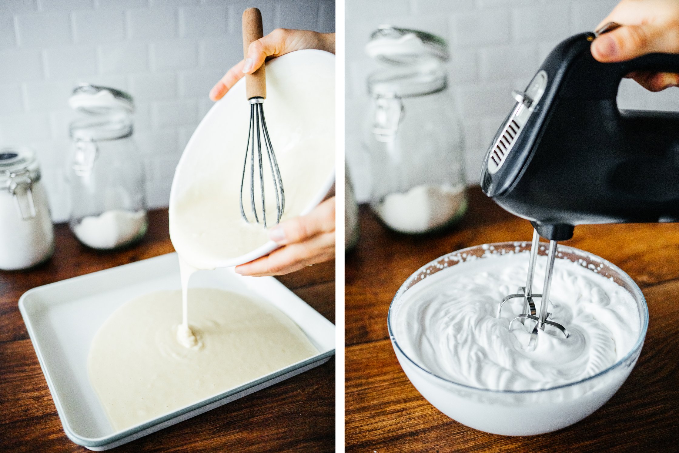 pouring vegan batter in a baking form and whipping cream