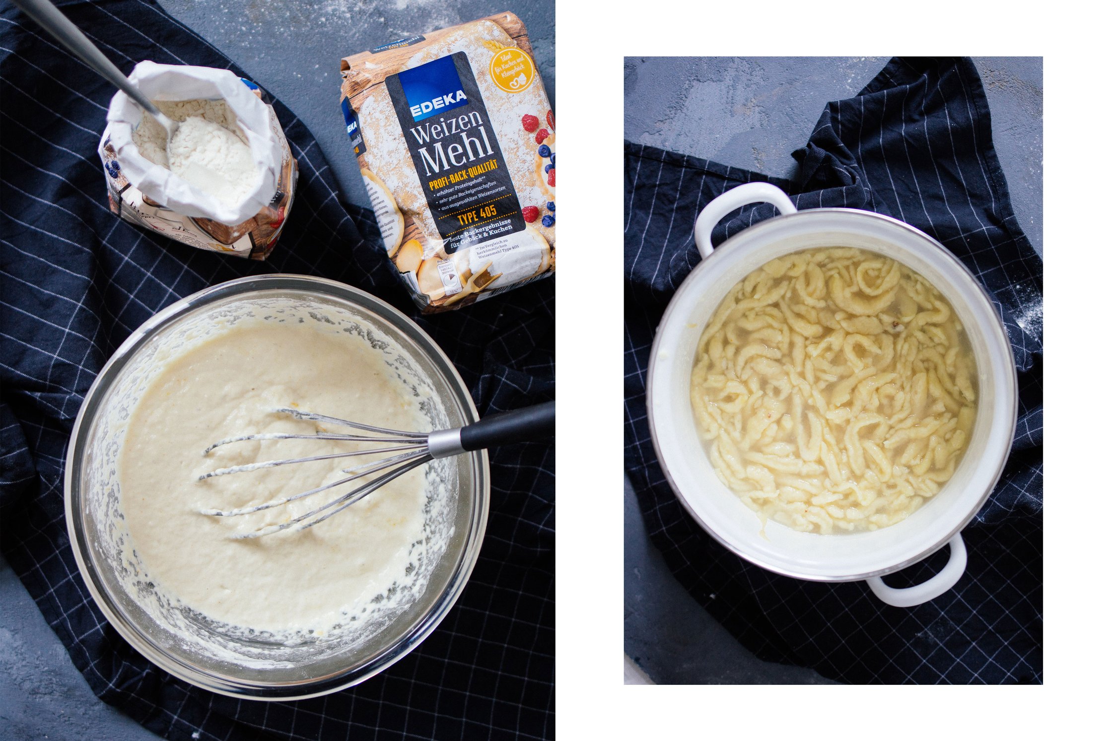 spaetzle dough in a bowl and cooked in a pot