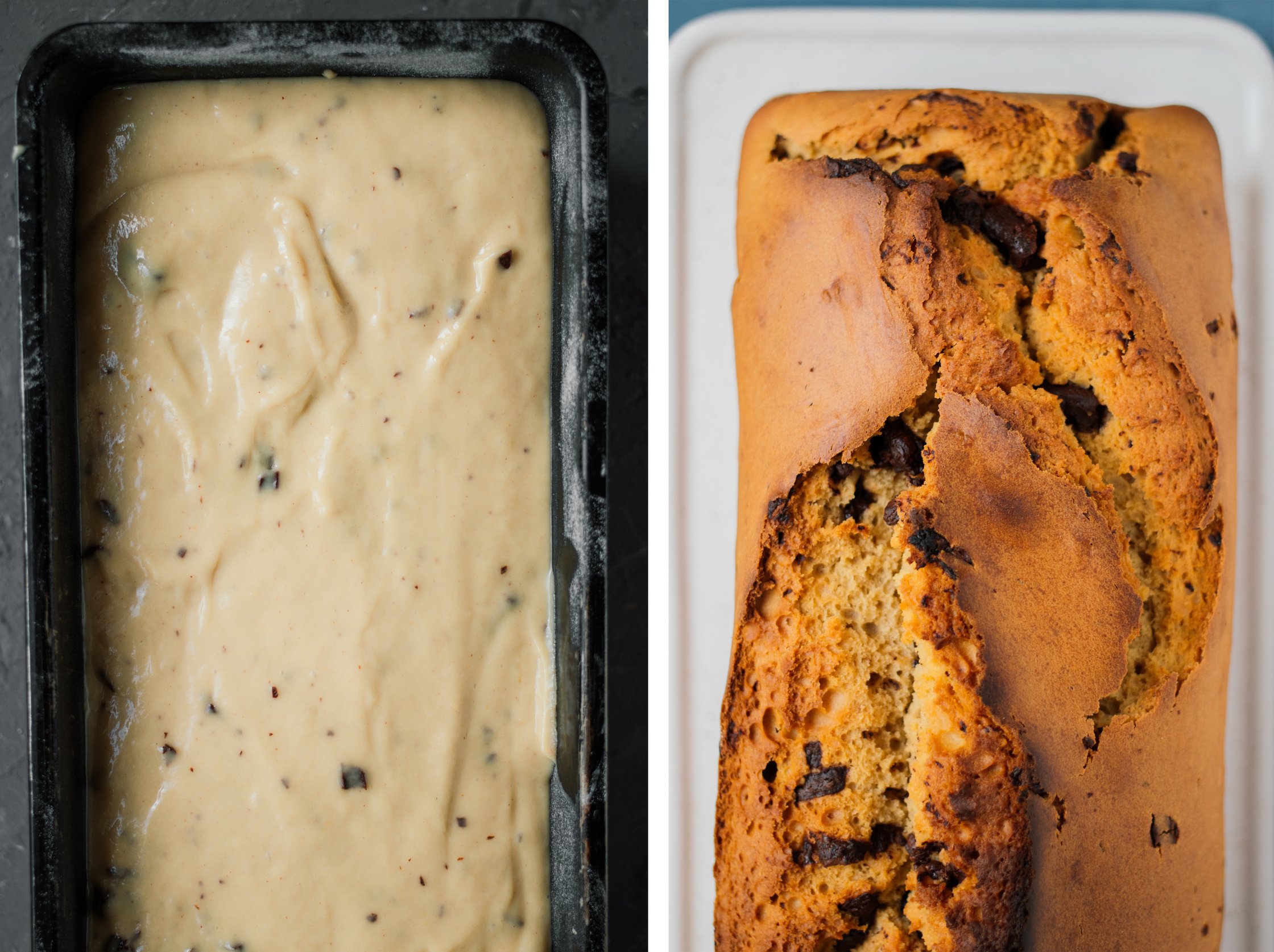 vegan peanut loaf cake before and after baking