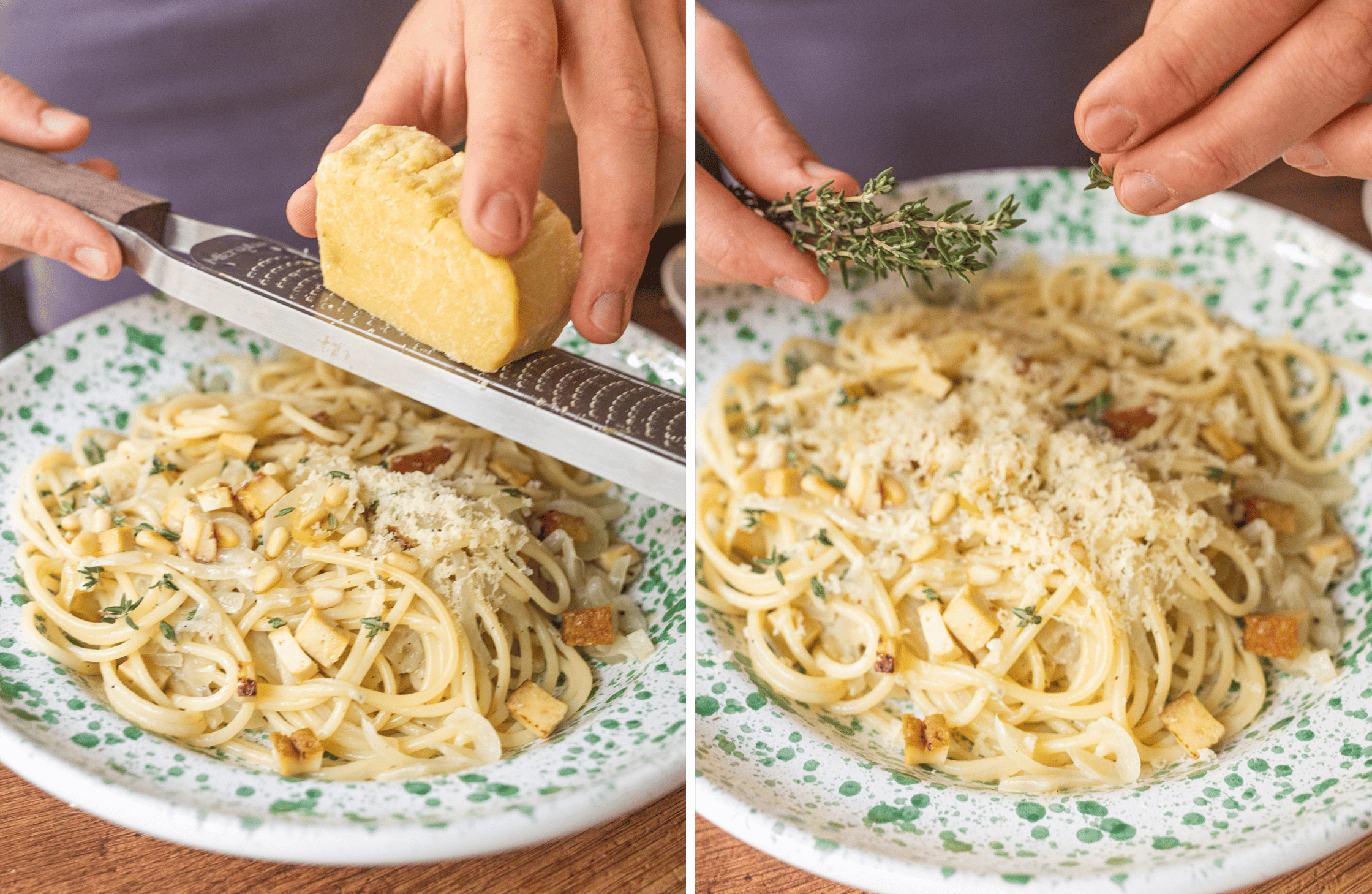 Links wird veganer Parmesan mit einer Reibe über einer veganen French Onion Pasta verteilt und rechts Thymian. Sie wird auf e
