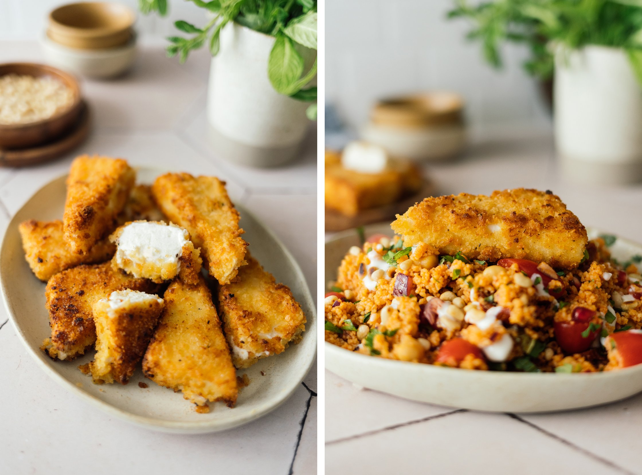Crispy Plant-Based Feta Cheese on a plate