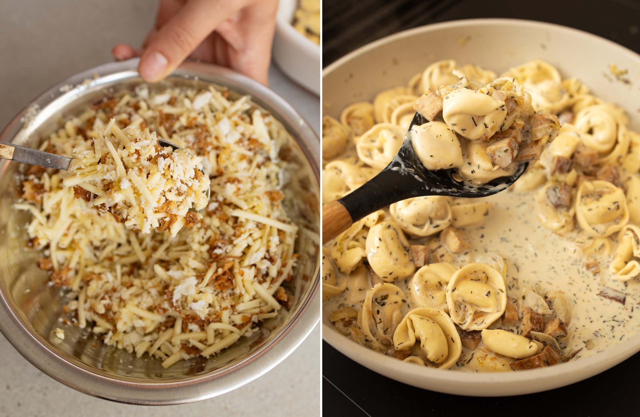 Links: Eine Mischung aus Käse und Röstzwiebeln in einer Schüssel. Rechts: Tortelini in einer Pfanne.