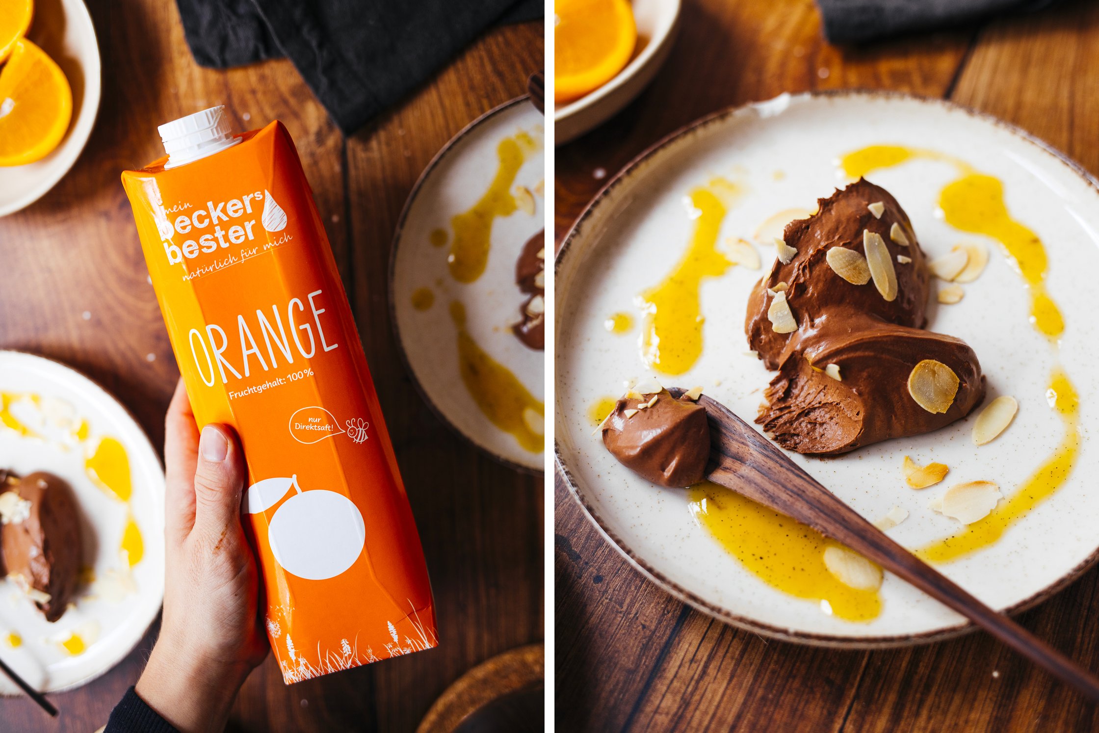 vegan chocolate mousse with orange sauce on a dessert plate