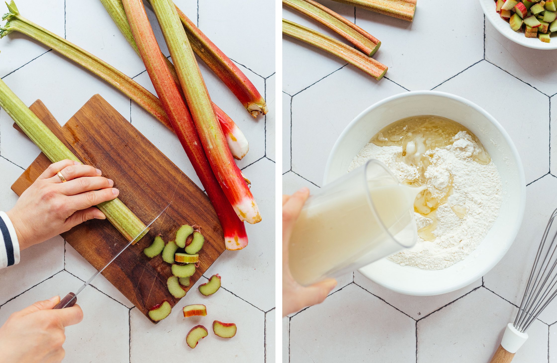 cutting rhubarb into small pieces; mixing muffin dough