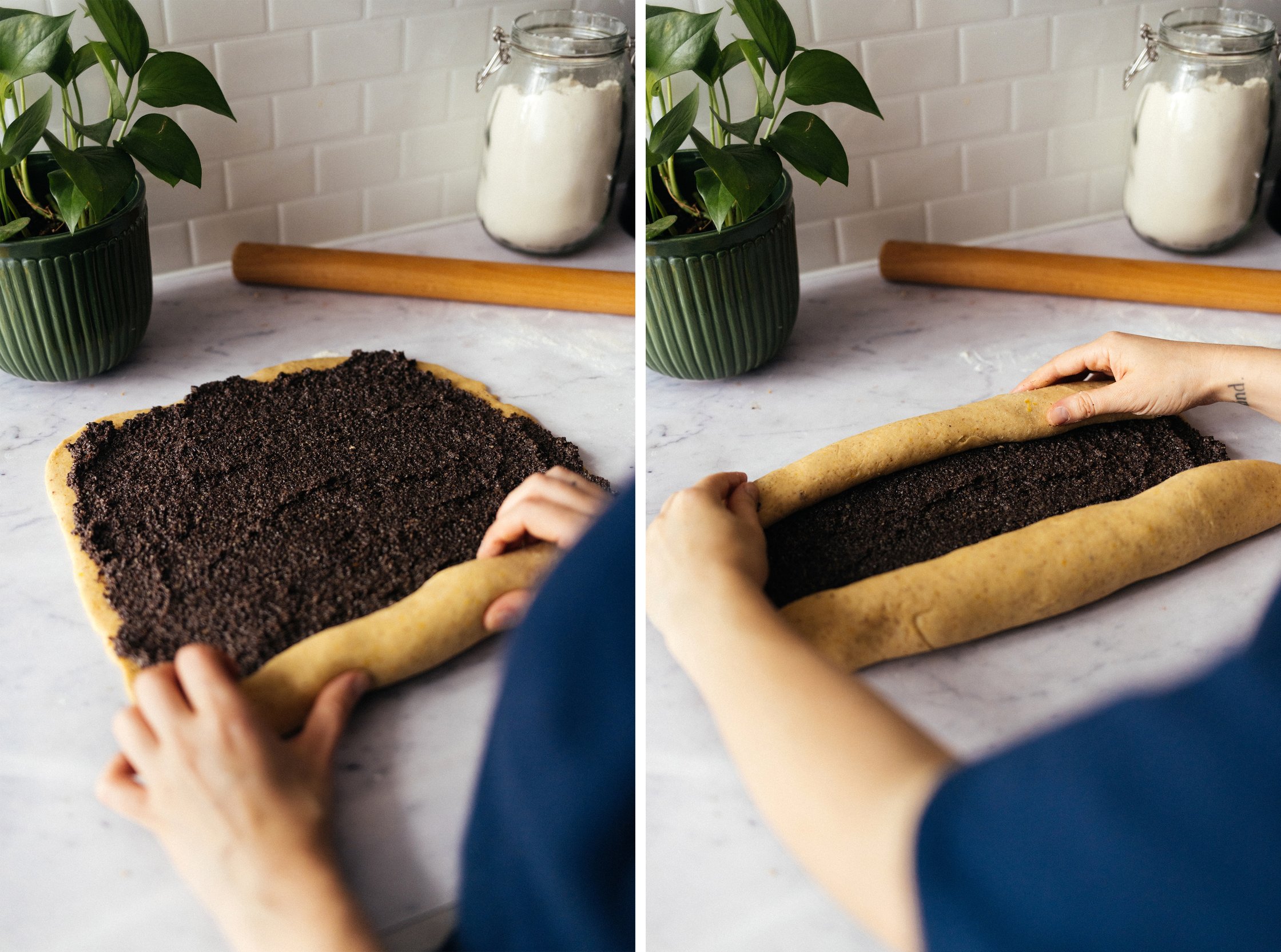 rolling vegan stollen cake with poppyseeds